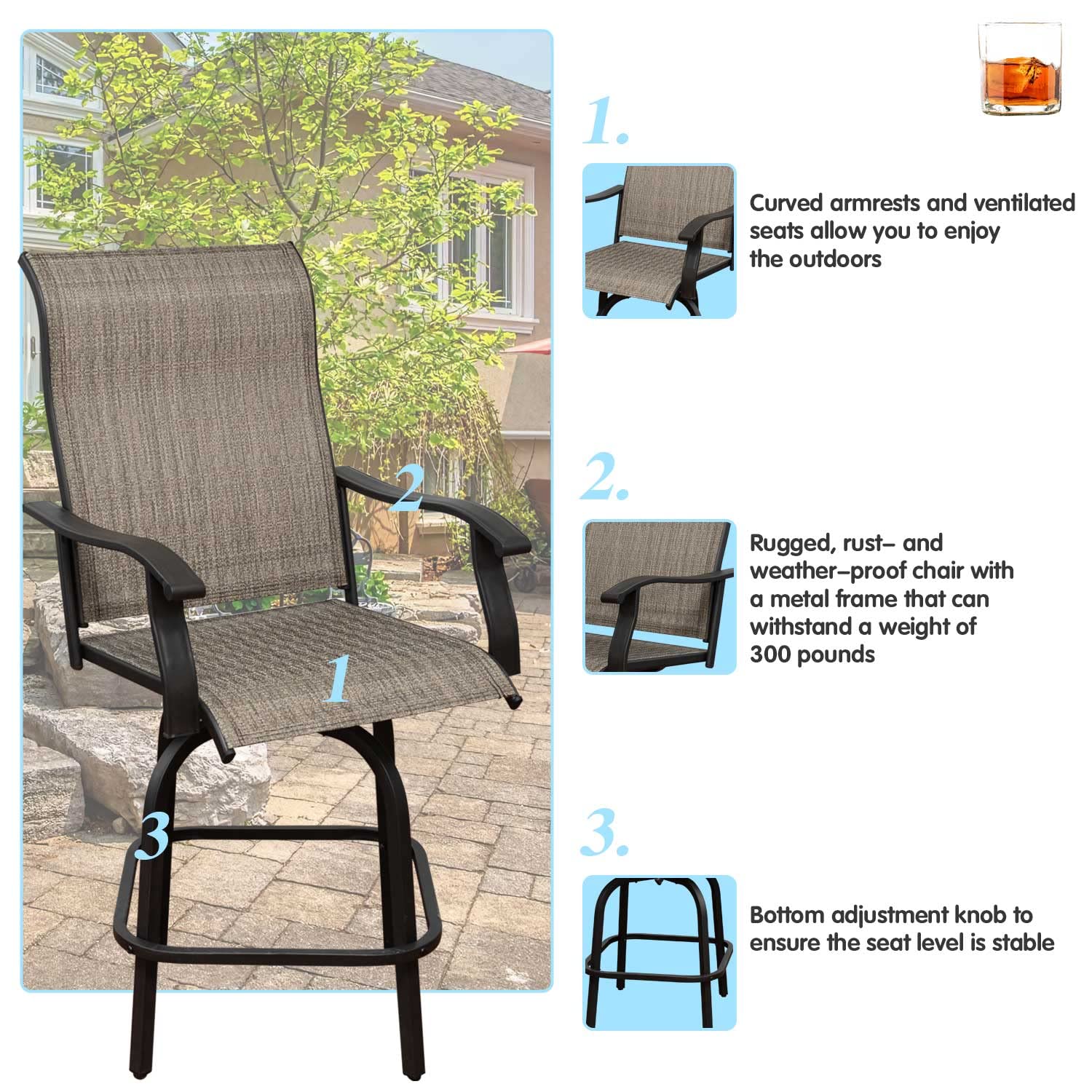 2-Piece Outdoor Patio Swivel Bar Set with Curved Armrests - All-Weather High Bar Stools for Backyard, Poolside, Porch & Bistro - Brown (Perfect for Outdoor Entertaining & Relaxation)