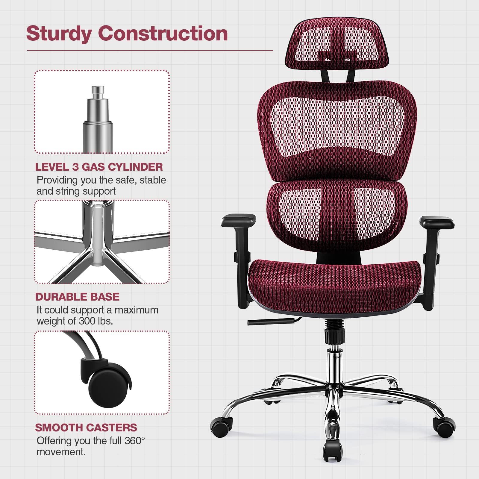 Ergonomic High Back Office Chair with Headrest & Lumbar Support - Adjustable Height Mesh Computer Chair with Swivel Base & Movable Armrests - 300 lbs Weight Capacity for Home Office, Executive Workspace & Gaming Setup