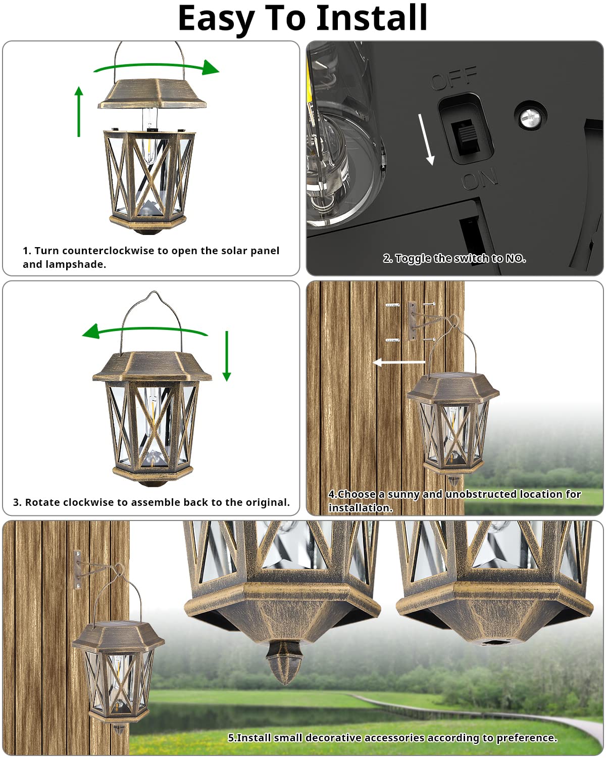 Solar Powered Outdoor Hanging Lanterns - 2 Pack Waterproof LED Metal Wall Lights with Clear Glass for Garden, Yard & Patio - Bronze Finish - Perfect for Backyard Decor, Pathway Lighting & Porch Ambiance