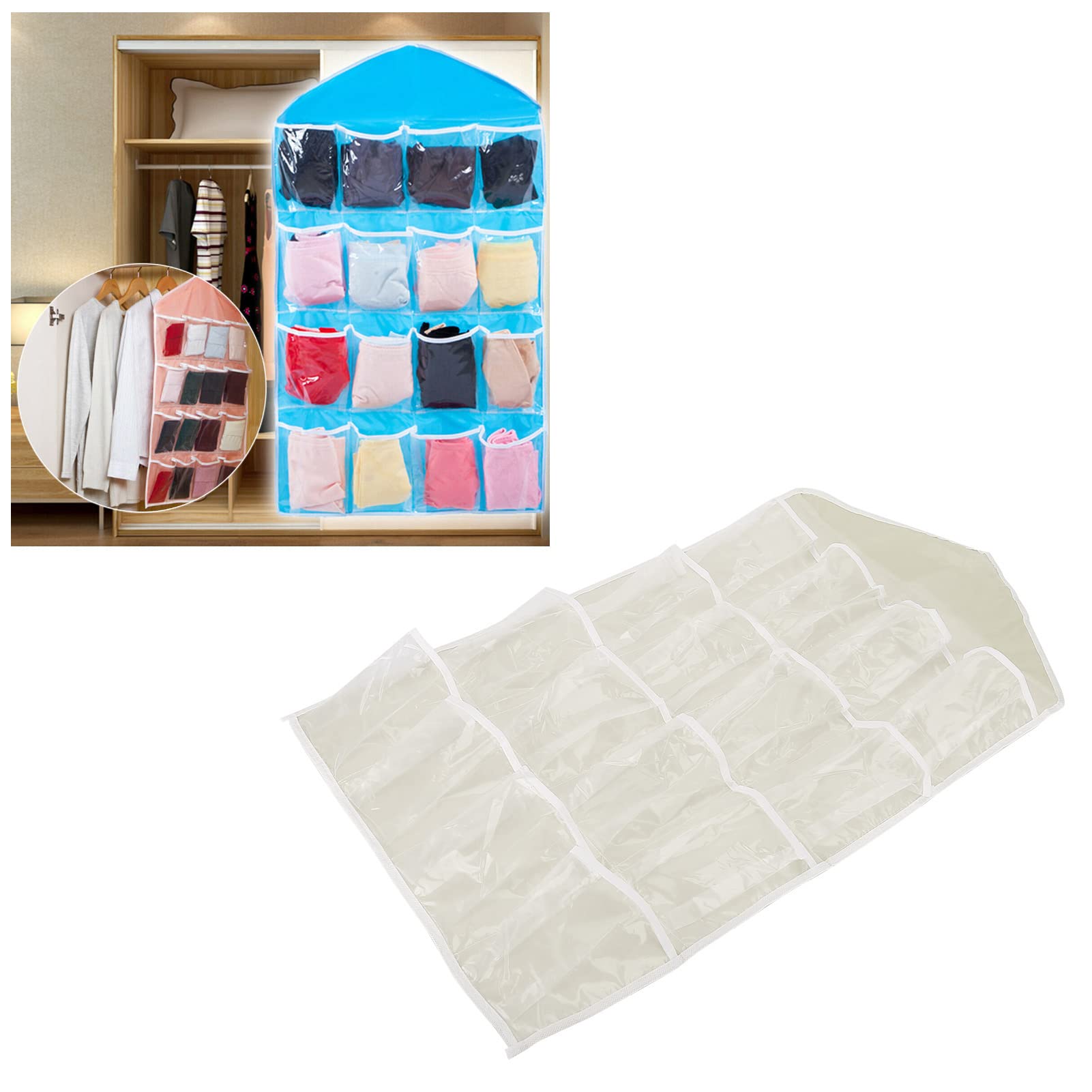 Multi-Pocket Underwear Hanging Organizer - 16 Clear Storage Bags for Socks, Bras & Clothes | Space-Saving Closet Organizer for Bedroom & Dorm | Beige Fabric Hanging Shelf for Wardrobe Organization