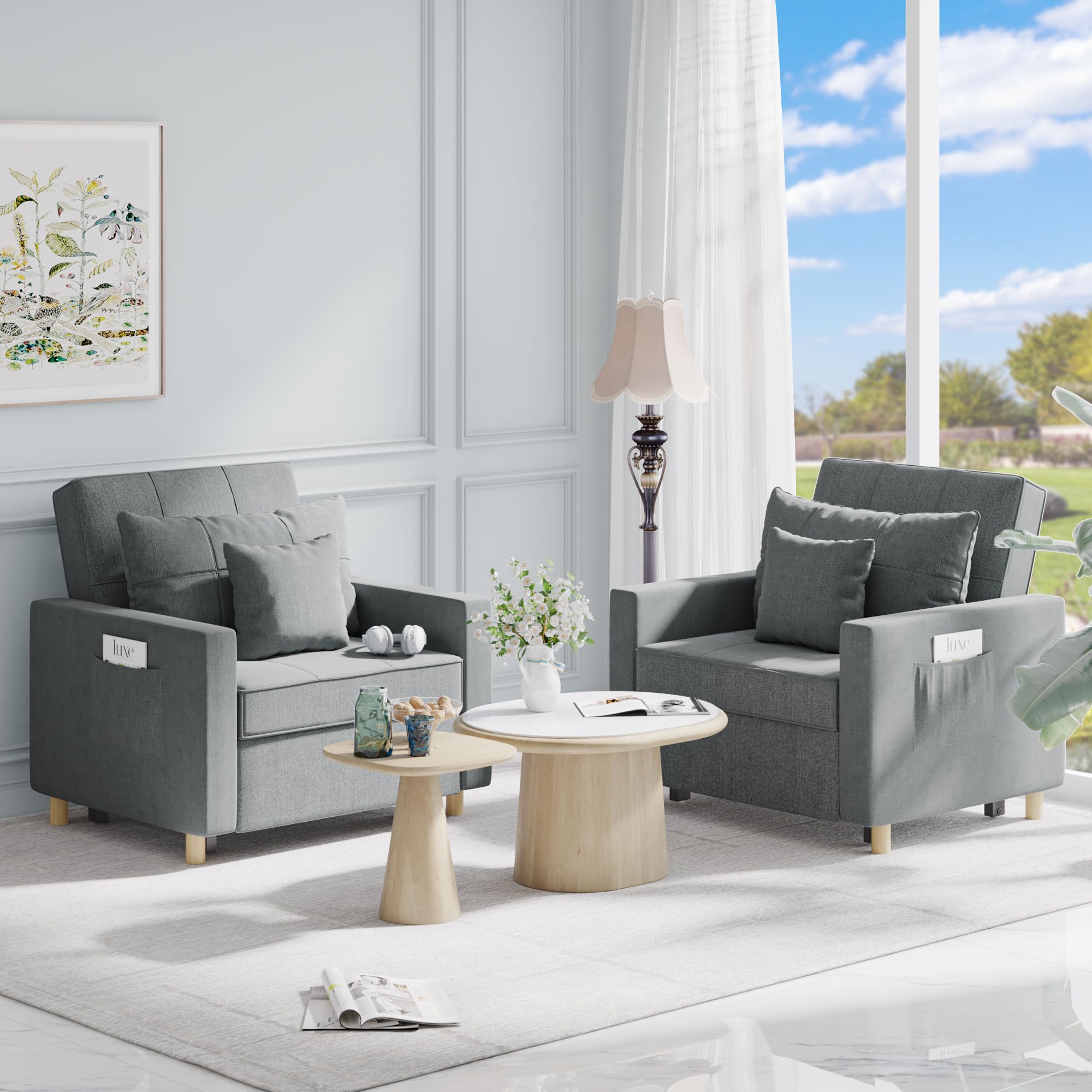 Esright 3-in-1 Convertible Sleeper Chair with Adjustable Backrest - Memory Foam Pull Out Sofa Bed with 2 Pillows & Side Pocket - Space Saving Armchair for Small Apartments, Office, Guest Room (Dark Grey) | Perfect for Overnight Guests, Nap Time & Compact Living Spaces
