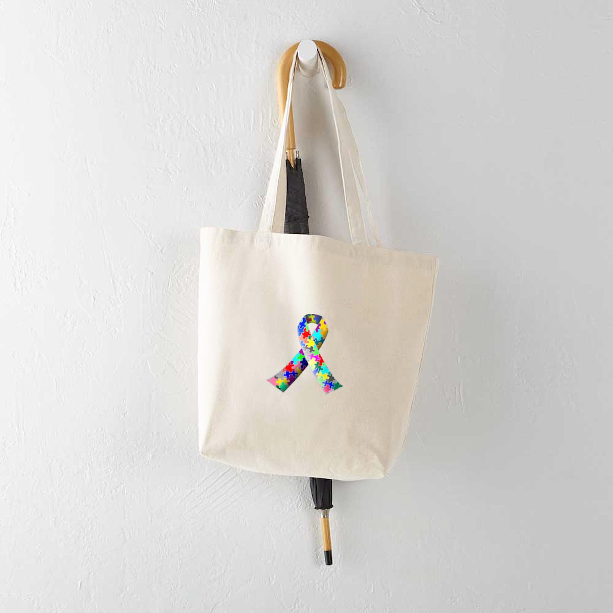 Autism Awareness Puzzle Ribbon Tote Bag - Natural Canvas Reusable Shopping Bag for Groceries, Beach & Daily Use | Support Autism Awareness