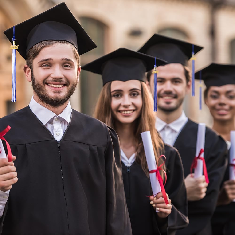 2025 Graduation Tassel with Gold Date Charm - Blue & White Academic Cap Tassel for High School & College Graduates - Perfect for 2025 Graduation Ceremony, Cap Decoration & Photo Props