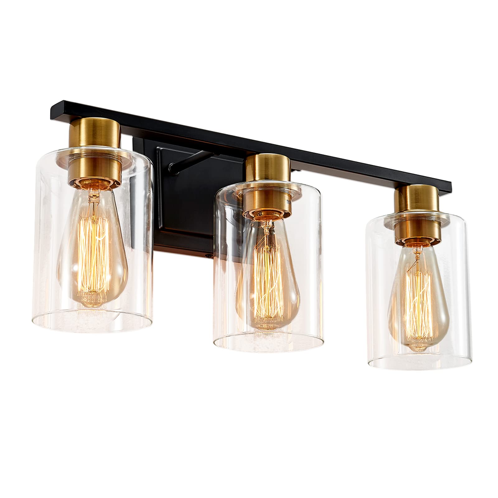 Black Gold Bathroom Light Fixtures - 3 Light Vanity Light with Clear Glass Shade, Farmhouse Wall Sconces in Brushed Brass - Perfect for Bathroom, Living Room, Bedroom & Hallway Lighting | Elegant Home Decor & Modern Interior Design