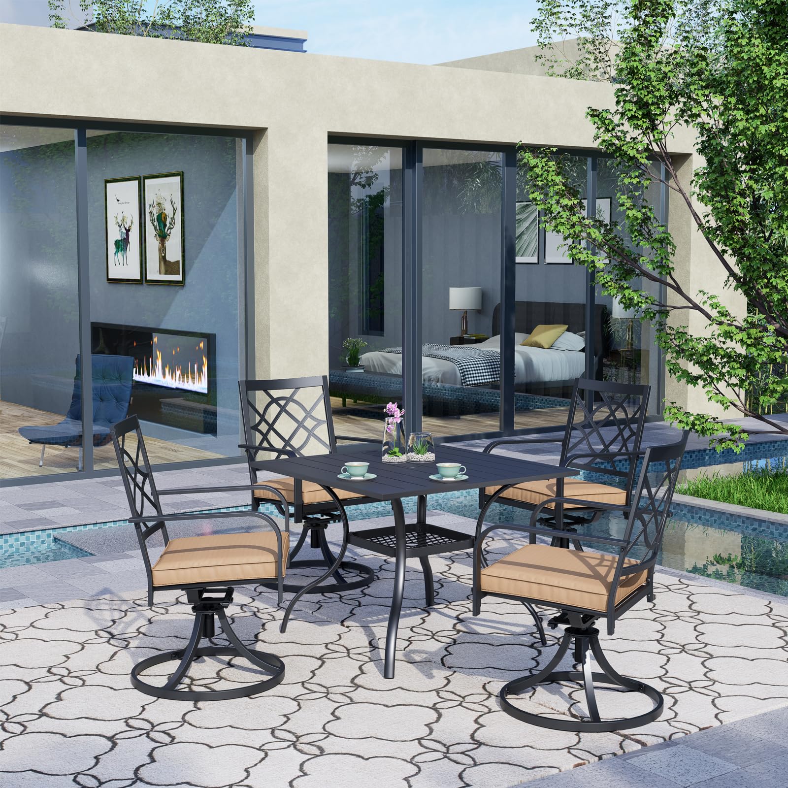 Crownland 5-Piece Outdoor Patio Dining Set with 4 Swivel Metal Chairs & Square Metal Tabletop (1.57