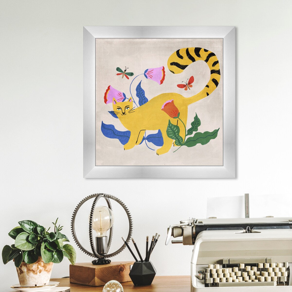 Blonde Tabby Floral Kitten Butterfly Garden Modern Yellow Framed Wall Art Print - Perfect for Bedroom, Nursery & Home Decor