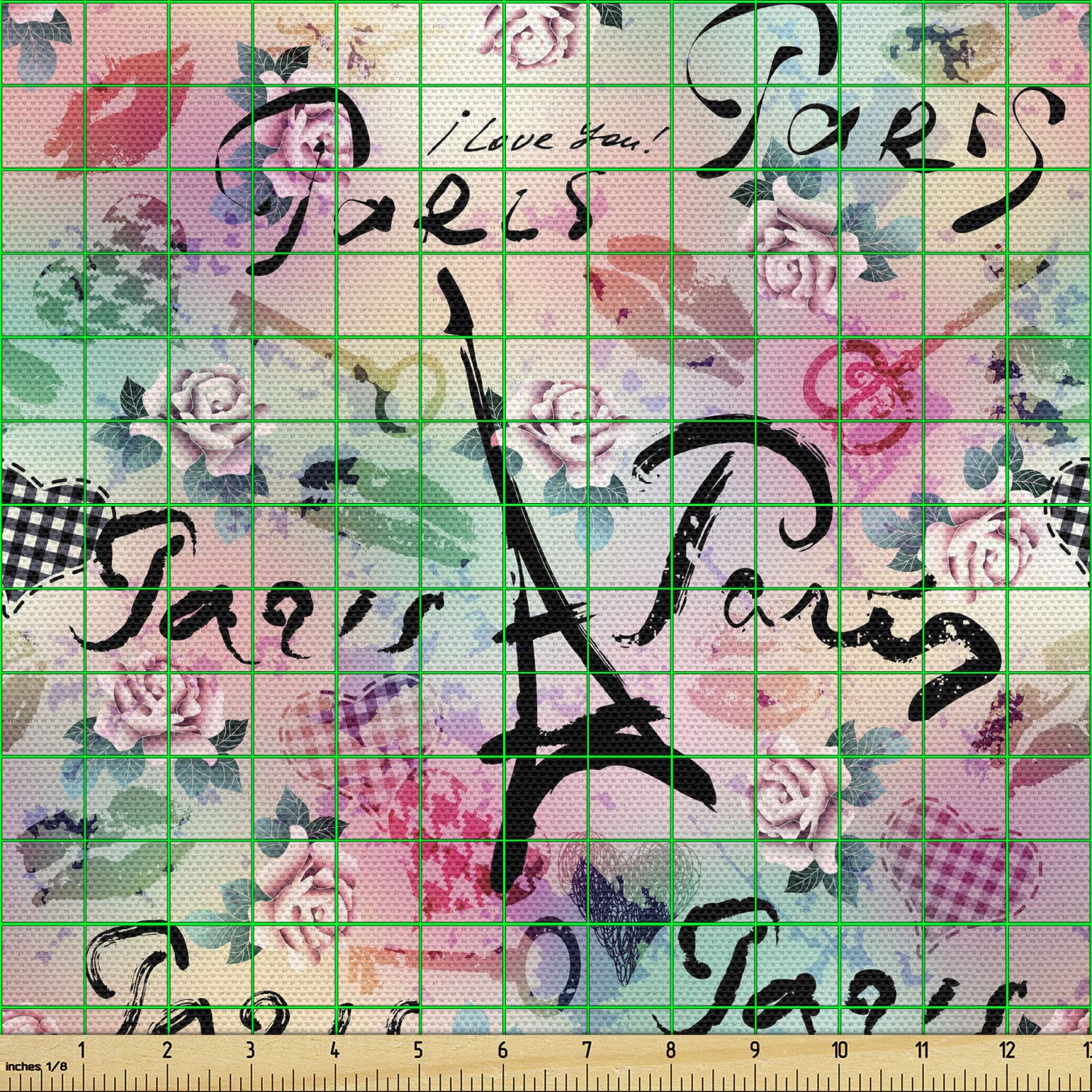 Ambesonne Paris Fabric by The Yard - French Floral Rose Checkered Hearts Romance Love Design | Decorative Upholstery Fabric for Sofa, Curtains & Home Decor | 10 Yards Soft Green | Perfect for DIY Projects, Bedroom & Living Room Makeovers