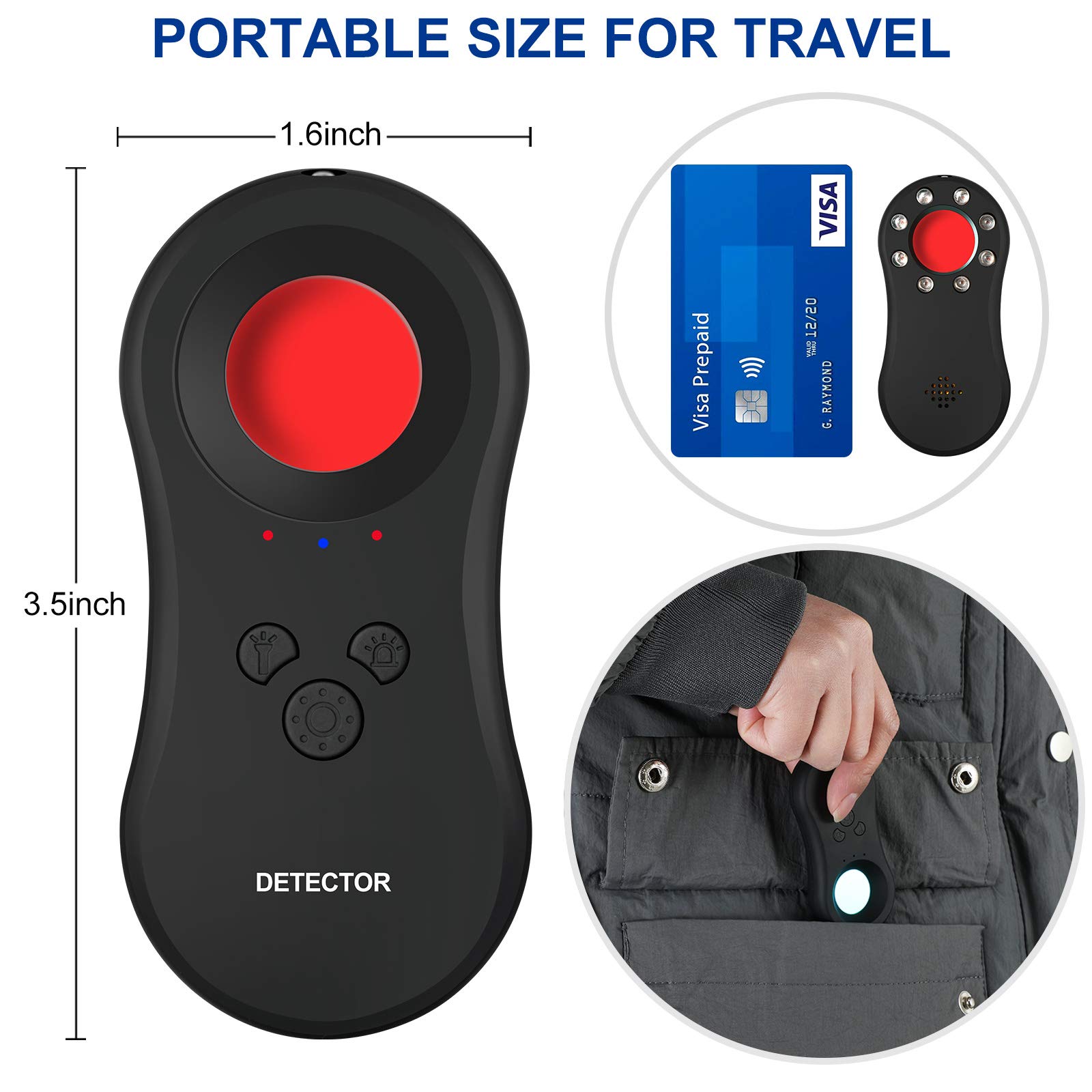 Portable Anti-Spy Hidden Camera Detector with LED Flashlight | 3-in-1 Bug Detector, Pinhole Camera Finder & Personal Alarm | Ideal for Home Security, Office Privacy & Travel Safety
