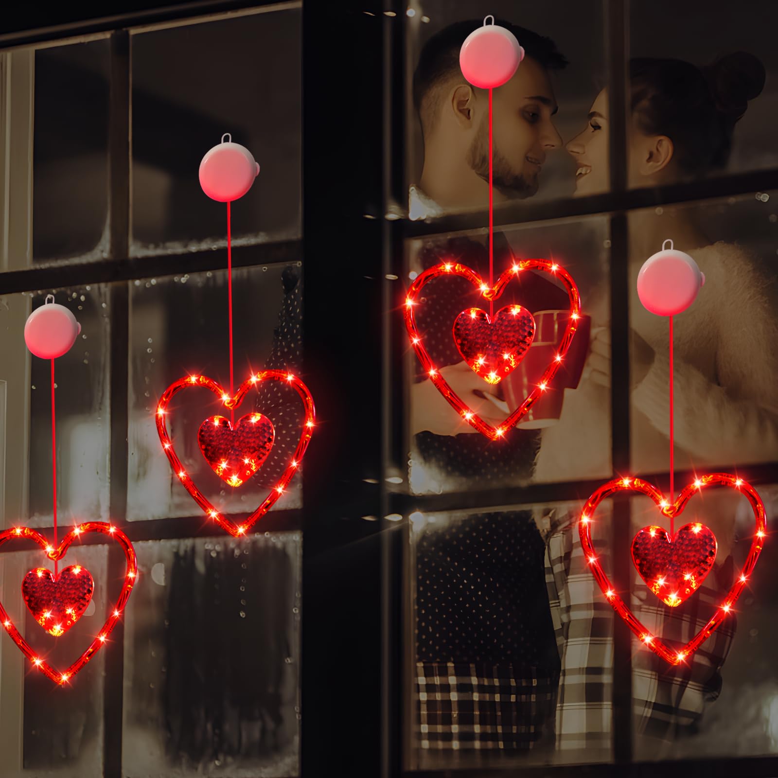 3 Pack Valentine's Day LED Window Lights - Battery Powered Heart Shaped Decor with Timer, Red Hanging Silhouette Lights for Fireplace, Home & Indoor Holiday Decorations (2025) - Perfect for Romantic Ambiance, Christmas Decor & Party Lighting