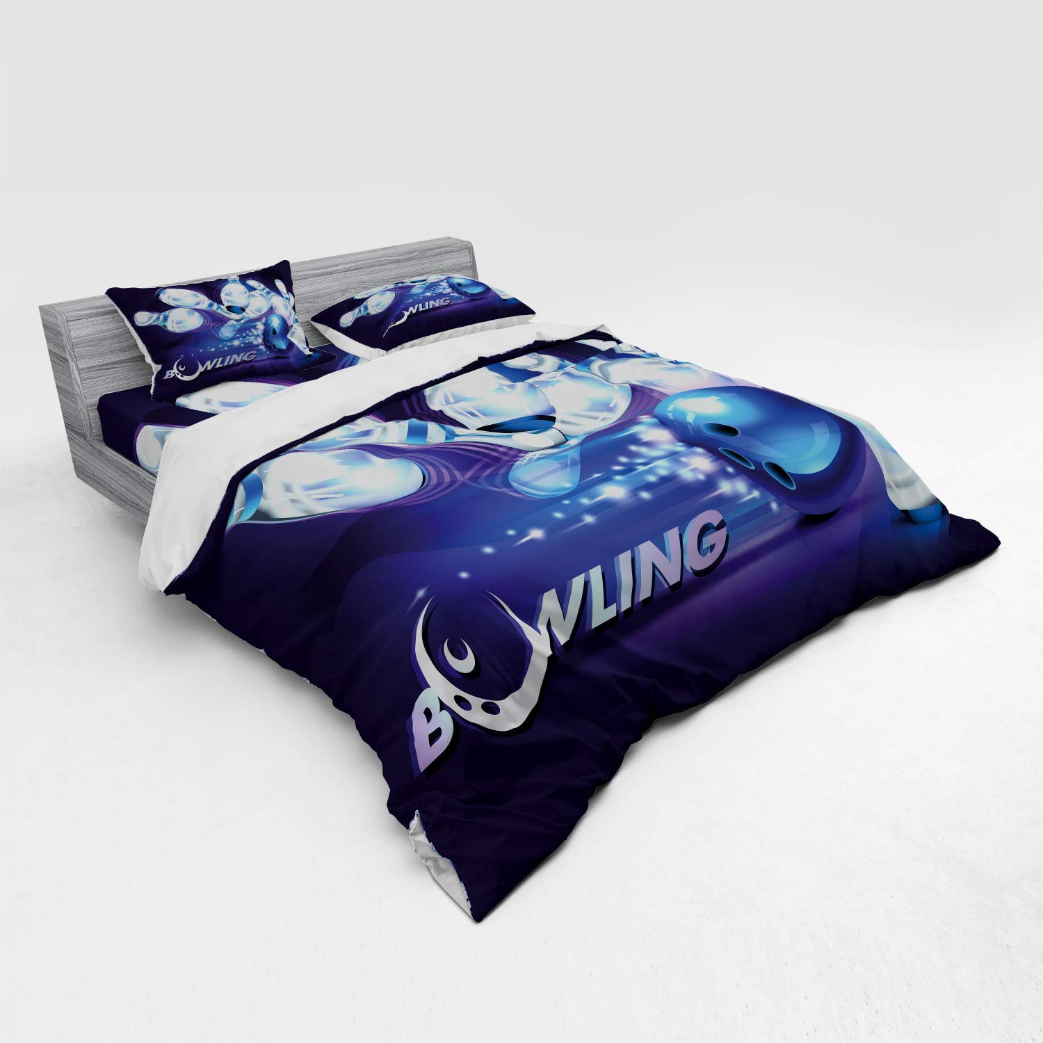 Ambesonne Bowling Party Duvet Cover Set - Fantasy Bowling Ball & Pins with Crescent Moon Design, 4-Piece King Size Bedding Set (Duvet Cover + Shams + Fitted Sheet) in Indigo White Blue - Perfect for Bowling Enthusiasts' Bedrooms & Themed Party Decor