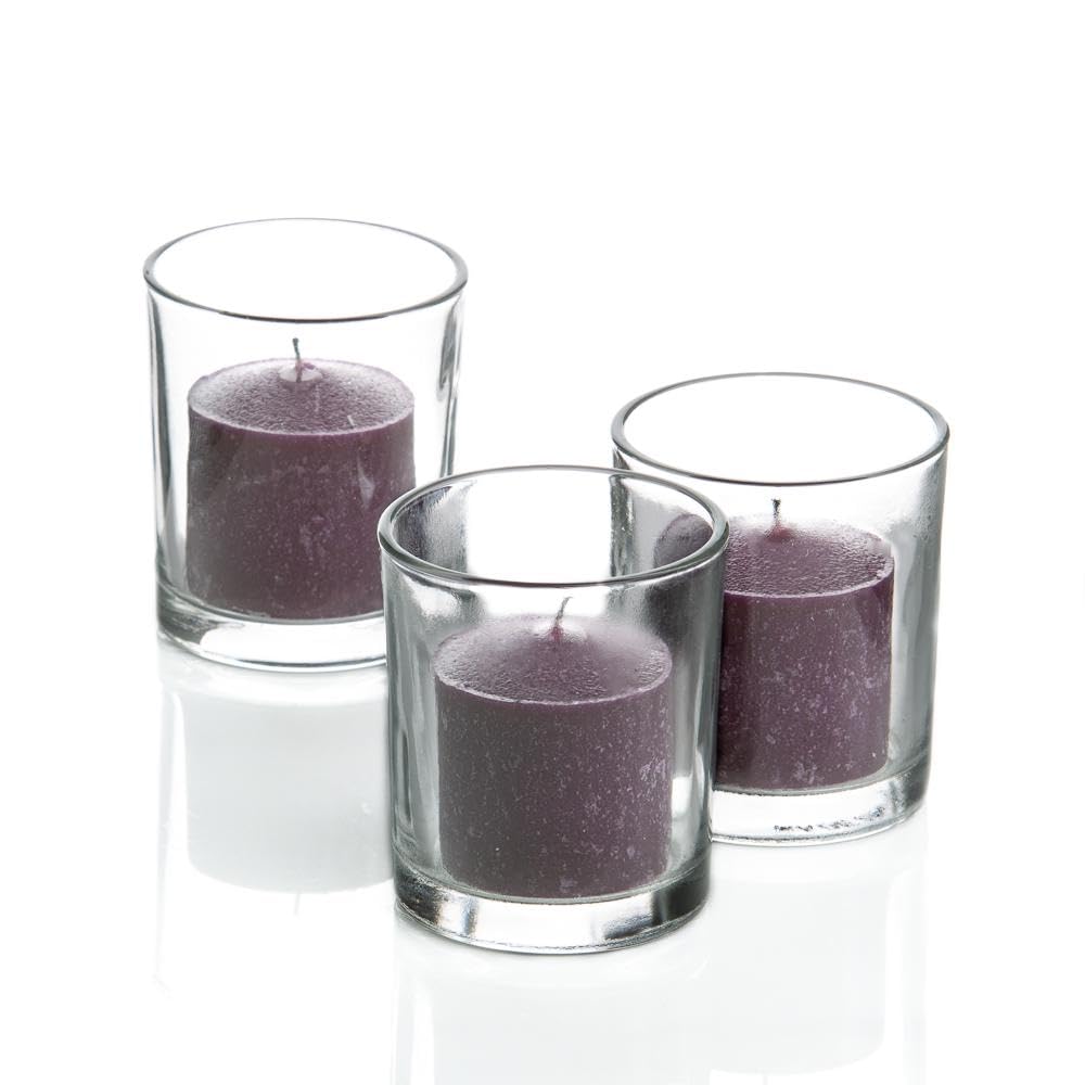 144-Pack Richland Unscented Purple Votive Candles with 144 Clear Glass Eastland Holders - Perfect for Weddings, Parties, and Home Decor