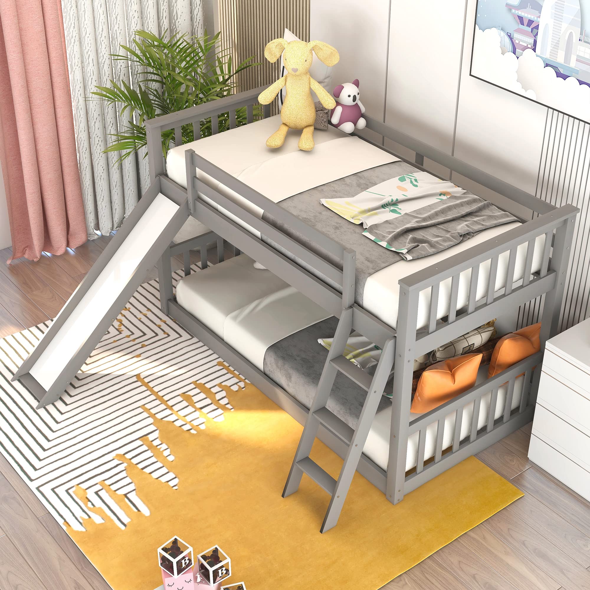 Harper & Bright Designs Twin Over Twin Bunk Bed with Slide & Angled Ladder - Sturdy Wooden Kids Bunk Beds for Boys and Girls, Space-Saving Floor Bunk Bed in Grey - Perfect for Small Bedrooms, Shared Kids Rooms & Sleepovers