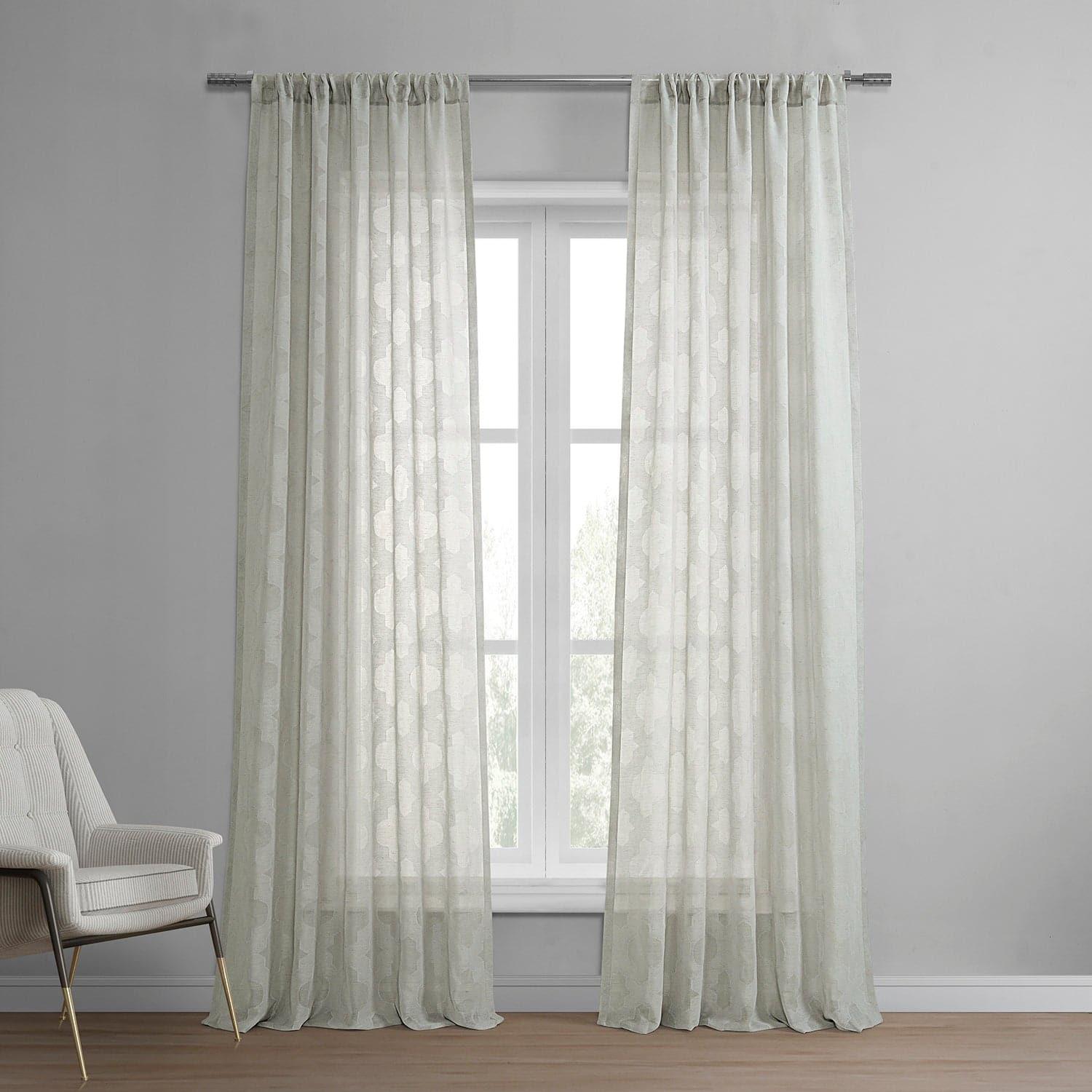 Calais Tile Grey Geometric Patterned Faux Linen Sheer Curtains - Modern Window Treatment for Living Room, Bedroom & Office Decor