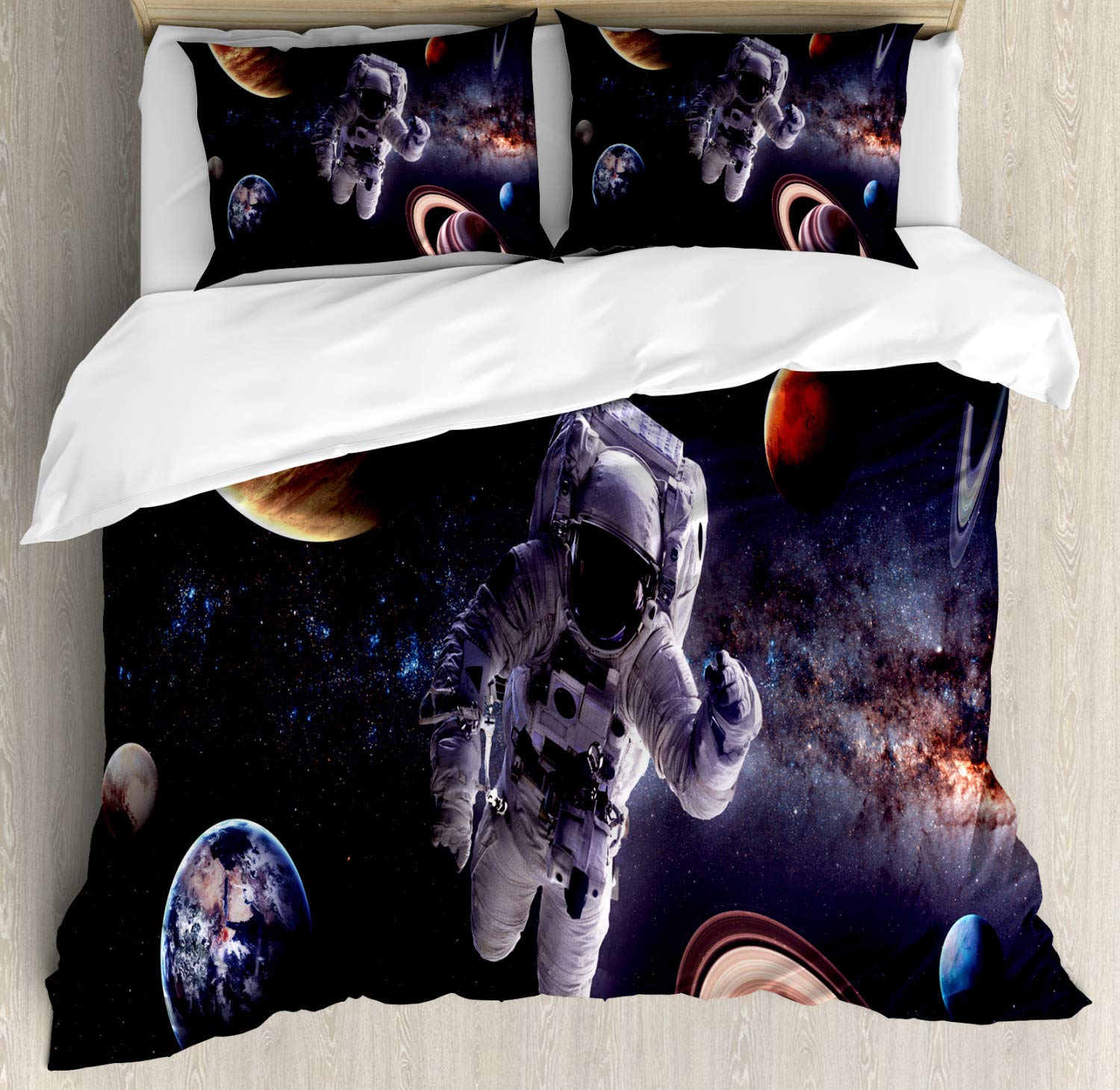 Ambesonne Outer Space Duvet Cover Set - Astronaut & Planets Design (Mars, Neptune, Jupiter) - 3 Piece Bedding Set with 2 Pillow Shams - California King Size - Dark Blue - Perfect for Sci-Fi Themed Bedrooms & Space Enthusiasts
