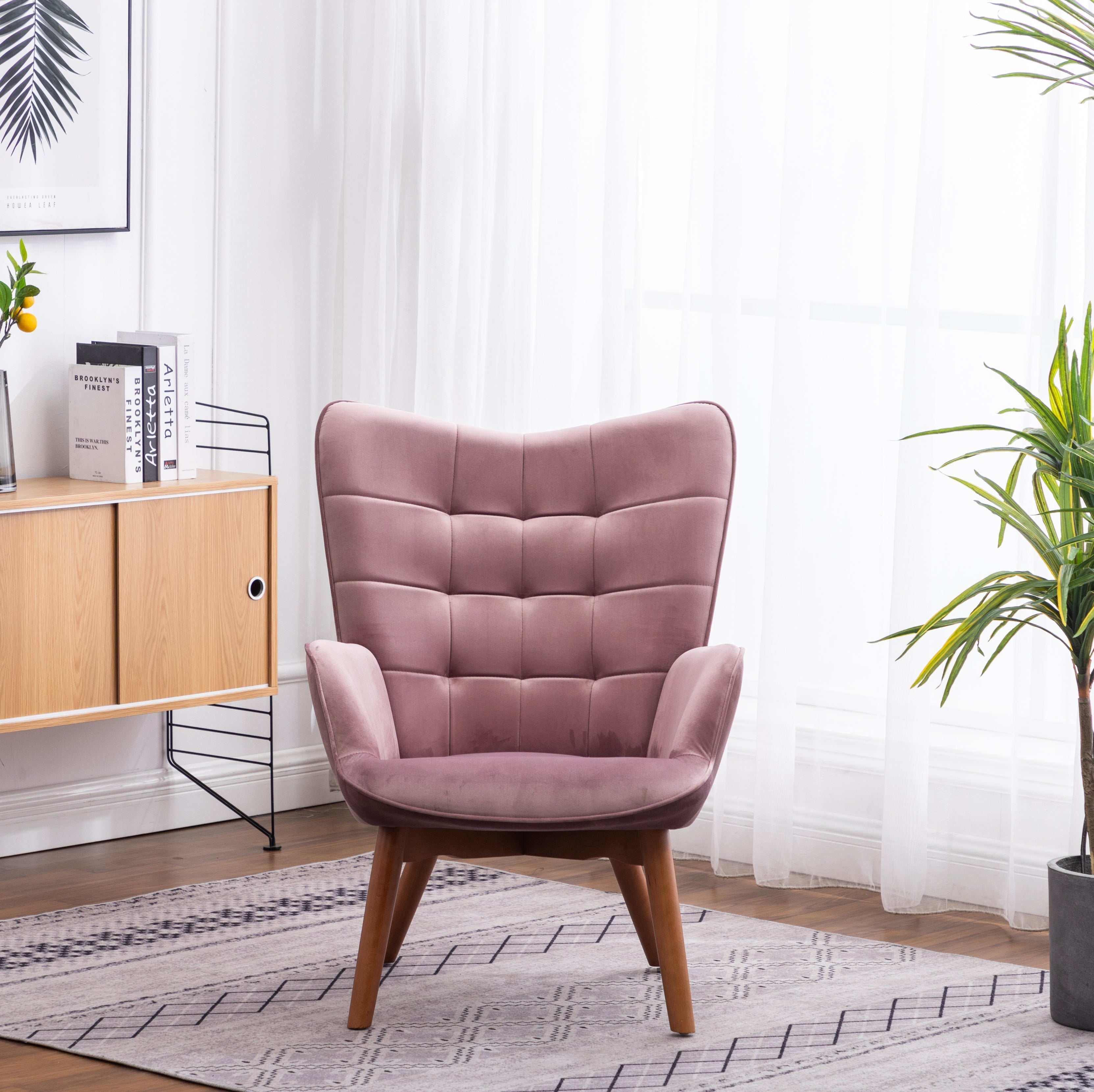 Roundhill Furniture Leiria Contemporary Silky Velvet Tufted Accent Chair with Ottoman in Mauve - Stylish Living Room Seating for Home Office, Bedroom or Lounge Decor