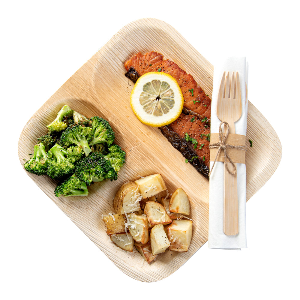 100% Natural Bamboo Leaf Salad Plates (7 Inch) & Disposable Flatware Set - Eco-Friendly Compostable Dinnerware for Parties, Picnics, Weddings & Sustainable Living