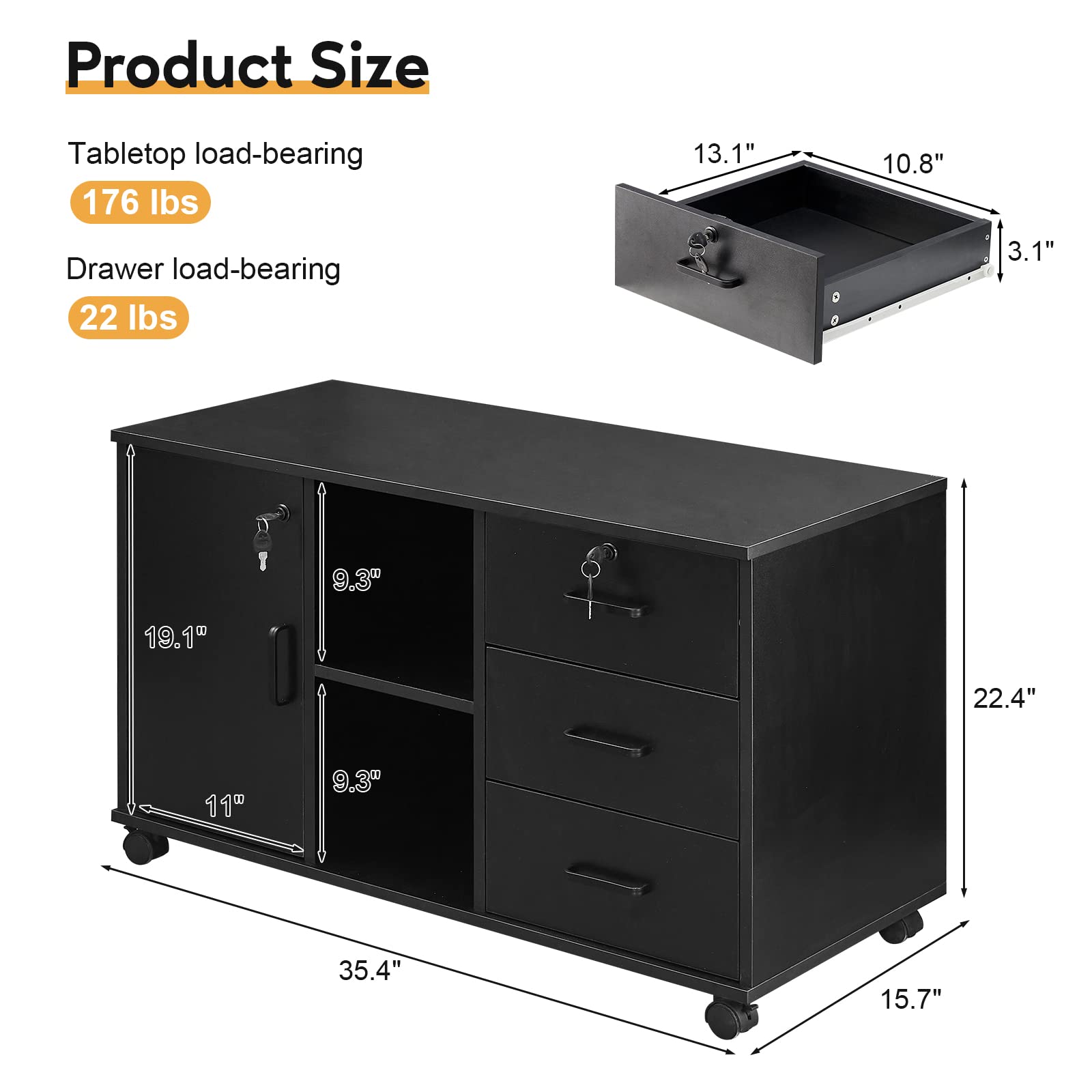TUKAILAi 3-Drawer Mobile File Cabinet with Door & Open Shelf - Lateral Printer Stand, Rolling Office Storage with 4 Wheels, Wooden Stationery Organizer for Home Office (Black) - Perfect for Small Spaces & Document Organization