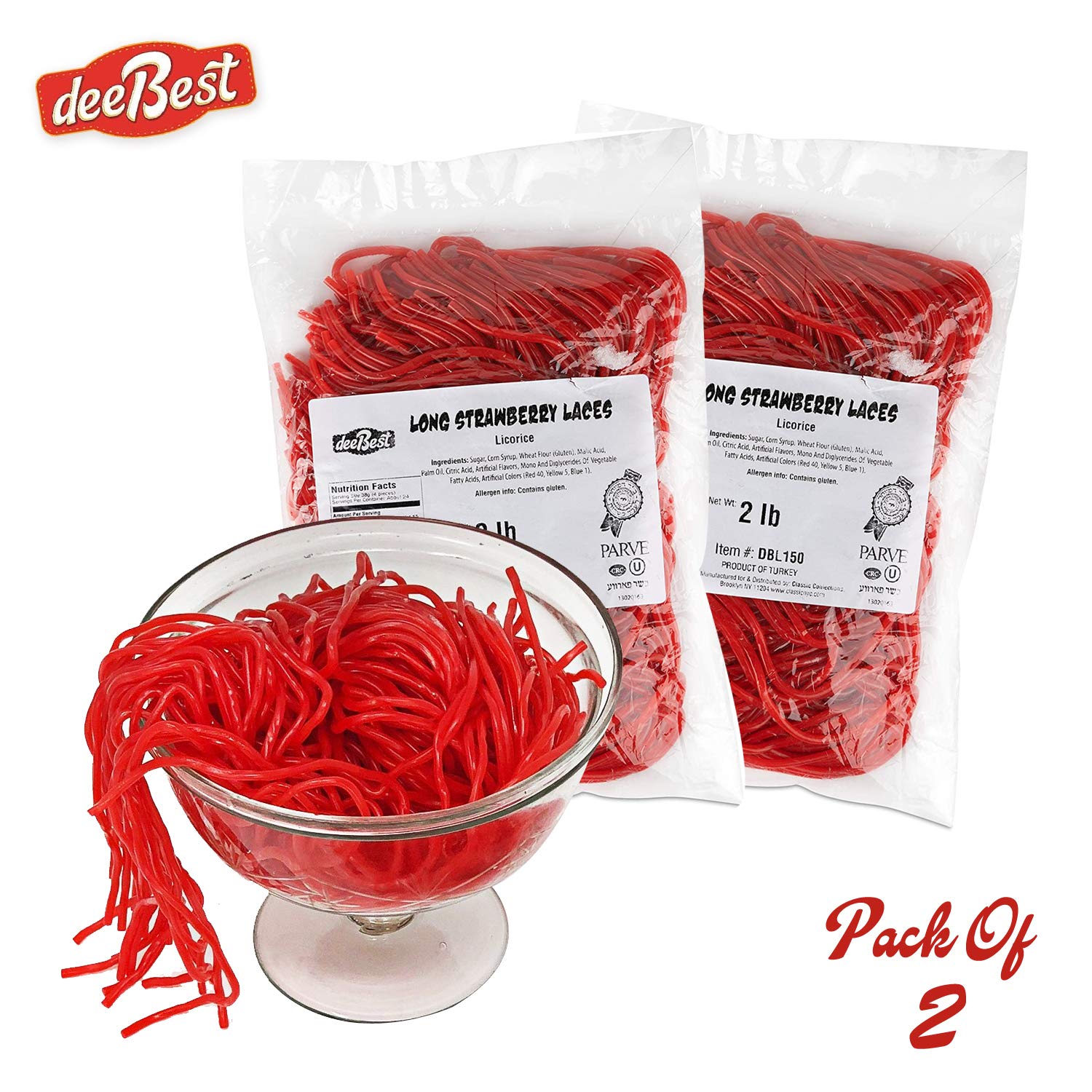 Dee Best Strawberry Flavored Red String Licorice Candy - Extra Long, Soft & Chewy Shoestring Licorice Laces (2-Pack, 32 Oz Each) - Perfect for Movie Nights, Party Favors & Sweet Snacks