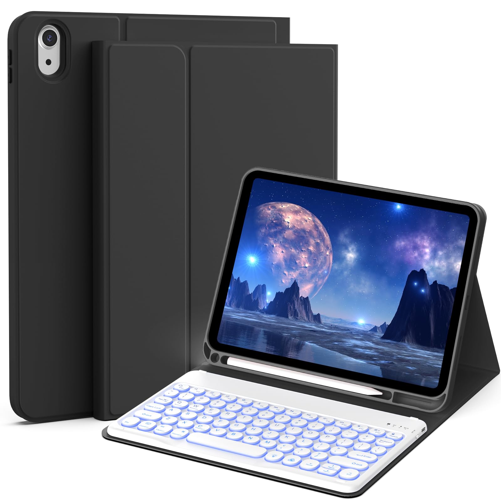 JKSML Bluetooth Backlit Keyboard Case for 11-inch iPad Pro (A16, 11th Gen 2025) & 10.9-inch iPad 10th Gen 2022 - 7 Color Backlight, Round Keys, Pencil Holder & Soft Silicone Cover (Black) | Perfect for Work, Study & Creative Projects