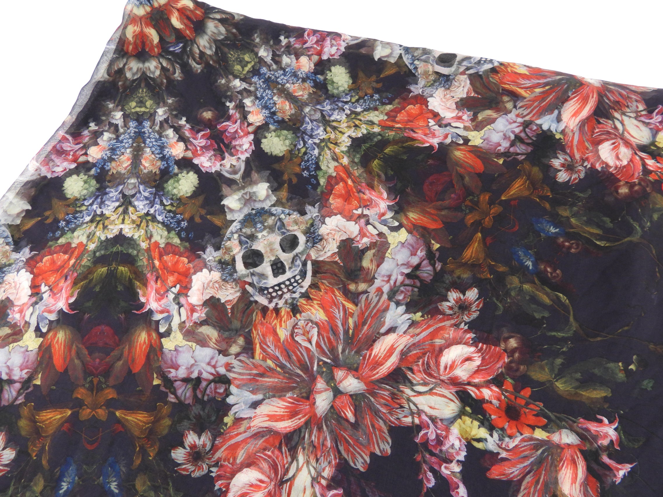 Alexander McQueen Red Skull Floral Tulip Silk Chiffon Shawl Scarf - Luxury Fashion Accessory for Women, Perfect for Evening Parties, Weddings & Special Occasions