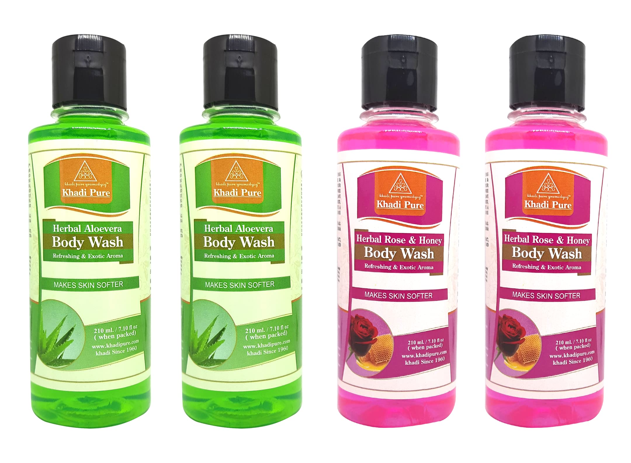 Khadi Pure Aloe Vera & Rose Honey Body Wash - 210ml (Pack of 4) | Hydrating & Nourishing for Dry Skin | Perfect for Daily Shower & Spa Day at Home