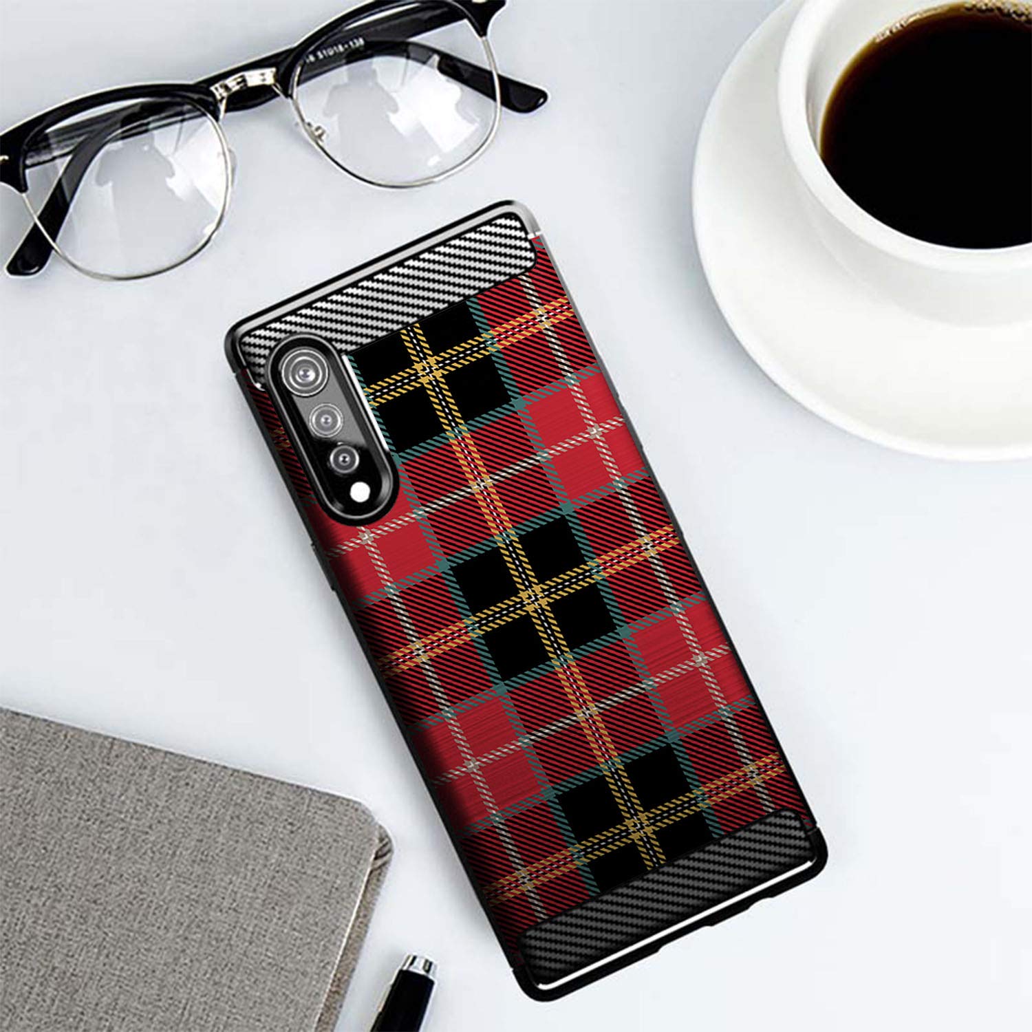 LG Velvet / LG Velvet 5G Phone Case - Slim Black Shockproof TPU Cover with Red Plaid Design | Flexible Protective Case for Everyday Use, Work & Travel