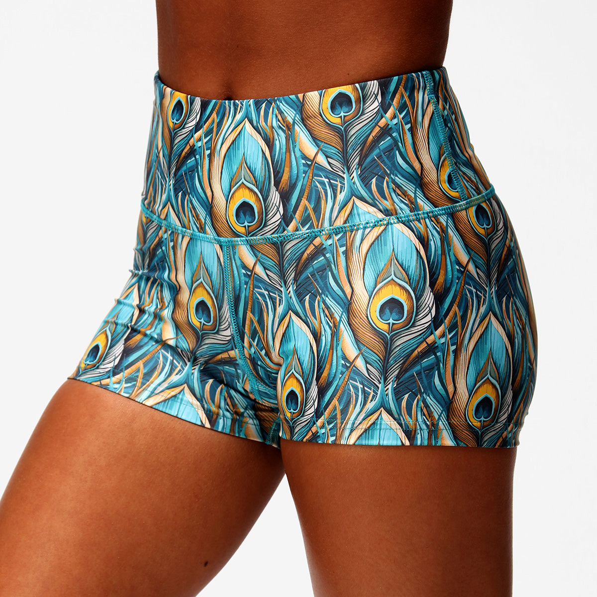 Stylish Peacock Print TikiBooty Shorts for Women - Trendy High Waist Bikini Bottoms for Beach, Pool, and Summer Vacations
