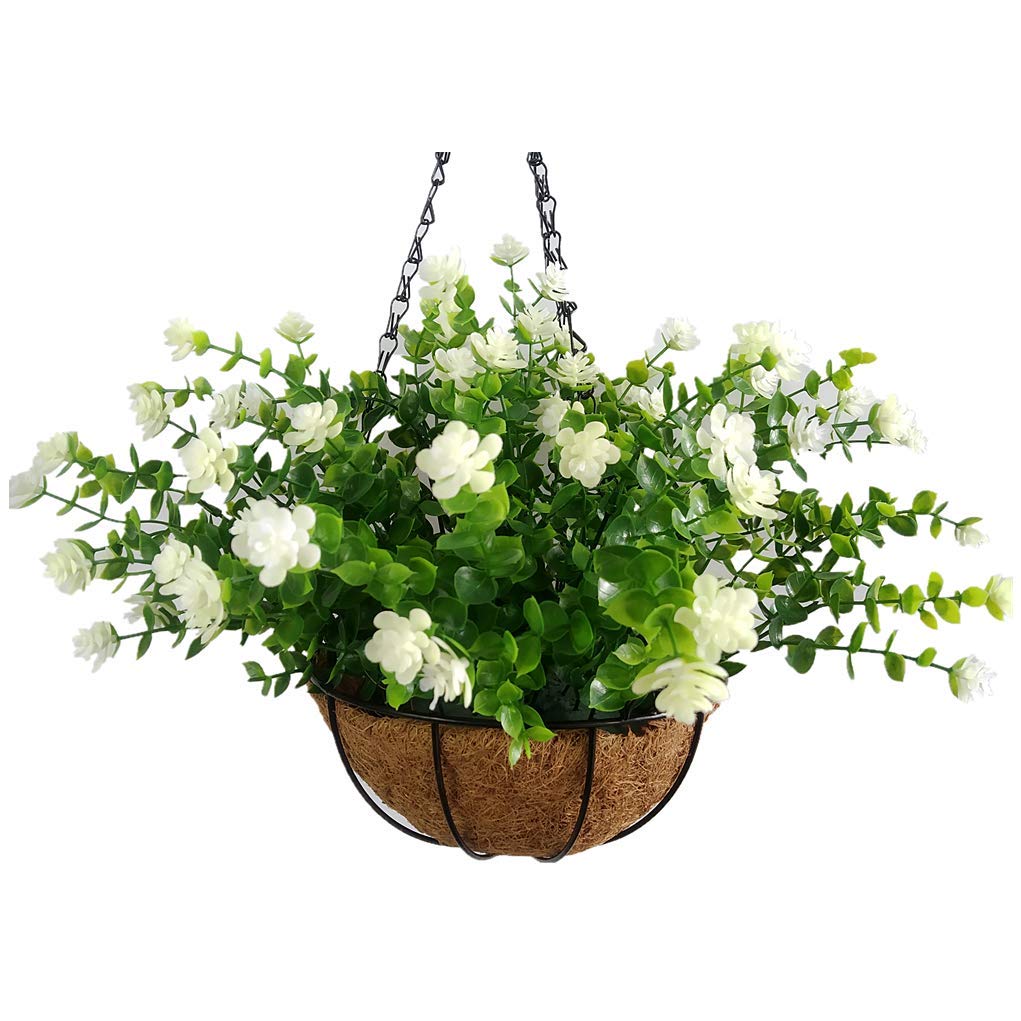 Realistic Artificial Lysimachia Christinae Faux Flowers in Metal Hanging Basket - 9.85 Inch White Blooms for Home Decor, Wedding Centerpieces & Outdoor Patio Decorations