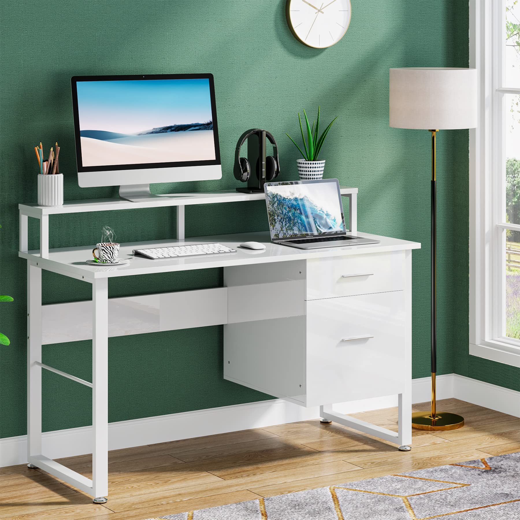 Tribesigns 47 Inch Modern White Computer Desk with 2 Drawers & Hutch - Space Saving Home Office Desk, Study Writing Table, Gaming Workstation for Small Rooms & Apartments