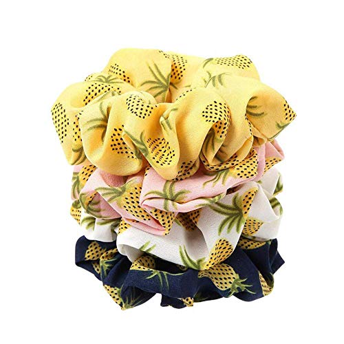 Shidara Pineapple Printed Hair Scrunchies - 4 Pack Elastic Hair Ties for Women & Girls, Soft Ponytail Holders & Hair Accessories - Perfect for School, Work, Gym, and Everyday Use