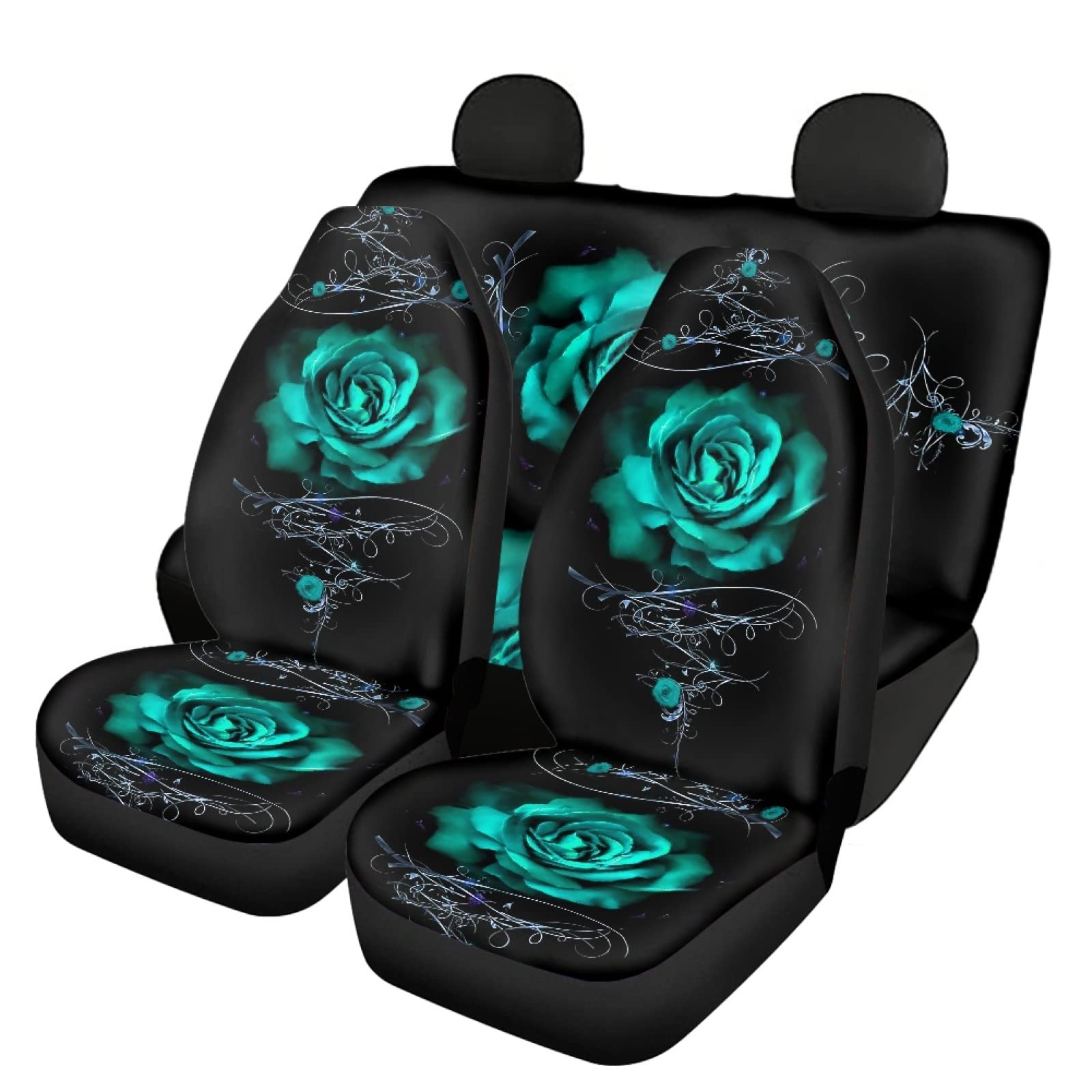 Howilath Green Rose Floral Car Seat Covers Full Set - 12pcs with Center Console & Steering Wheel Cover for Women & Men | Stylish Interior Upgrade for Sedans, SUVs & Trucks