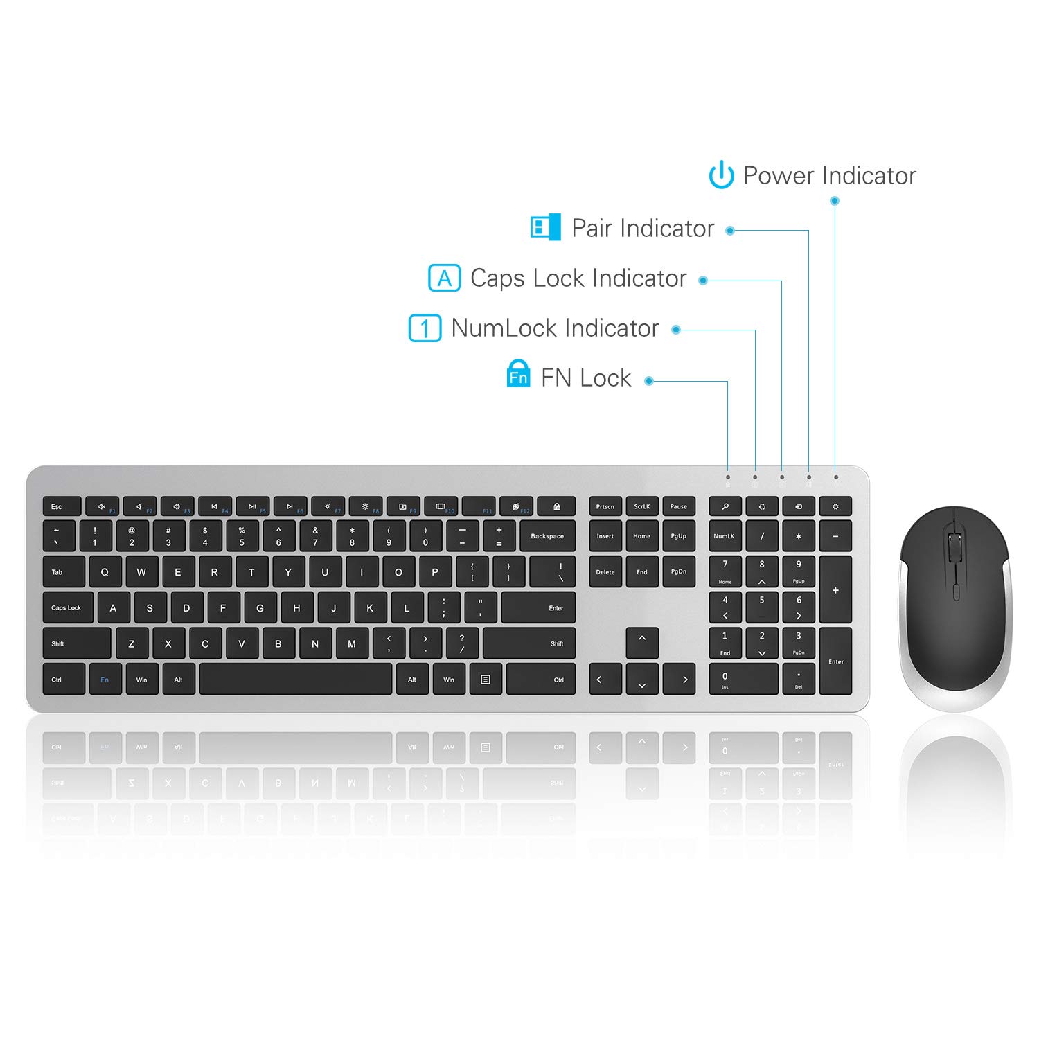 Seenda Wireless Keyboard and Mouse Combo - Full Size Slim Wireless Keyboard with Mouse, On/Off Switch for Both (Black & Silver) - Perfect for Office, Home, Gaming & Remote Work