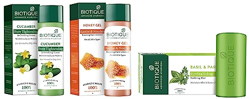 Biotique Honey Gel Foaming Face Cleanser for All Skin Types 120ml, Cucumber Pore Tightening Toner 120ml & Basil Parsley Revitalizing Body Soap 150g - Skincare Set for Daily Cleansing, Hydration and Refreshment