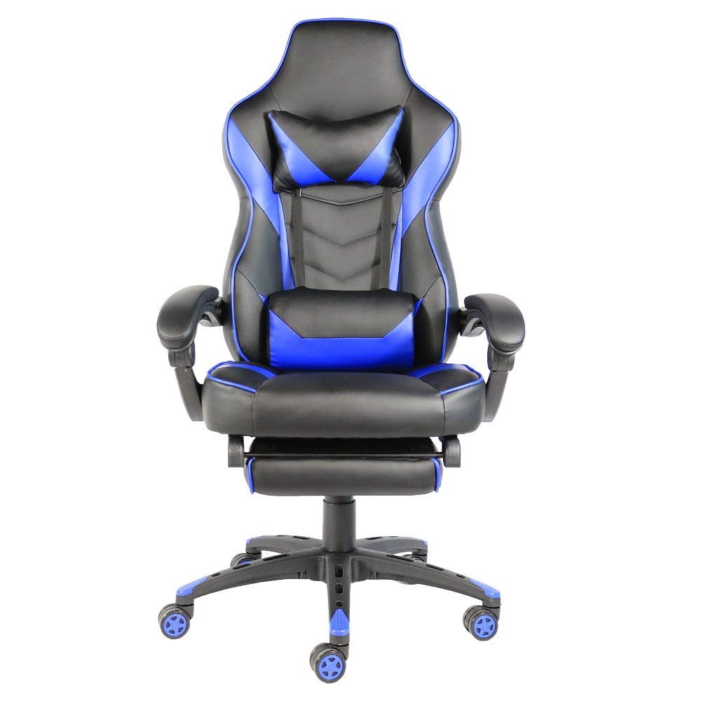 Ergonomic Gaming Office Chair - Foldable C-Type Racing Chair with Adjustable Footrest (Black & Blue) - Perfect for Home Office, Gaming & Workstations
