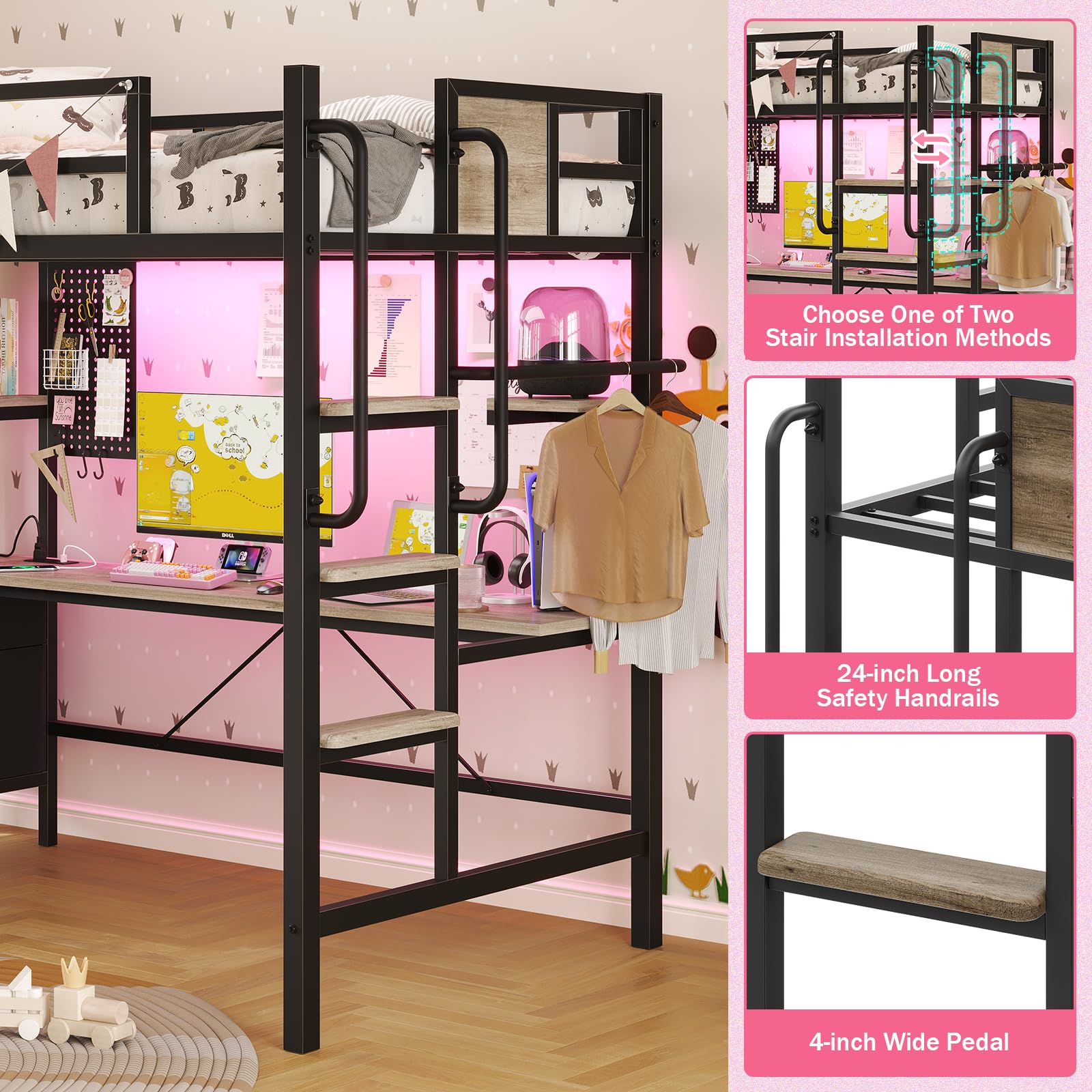 **Twin Size Loft Bed with L-Shaped Desk & Storage - Metal Bunk Bed Frame with Built-in Desk, LED Lights, Charging Station, 5 Drawers, 2 Pegboards & Clothes Rack - Noise-Free, Gray - Perfect for Small Spaces, Dorm Rooms & Kids' Bedrooms**