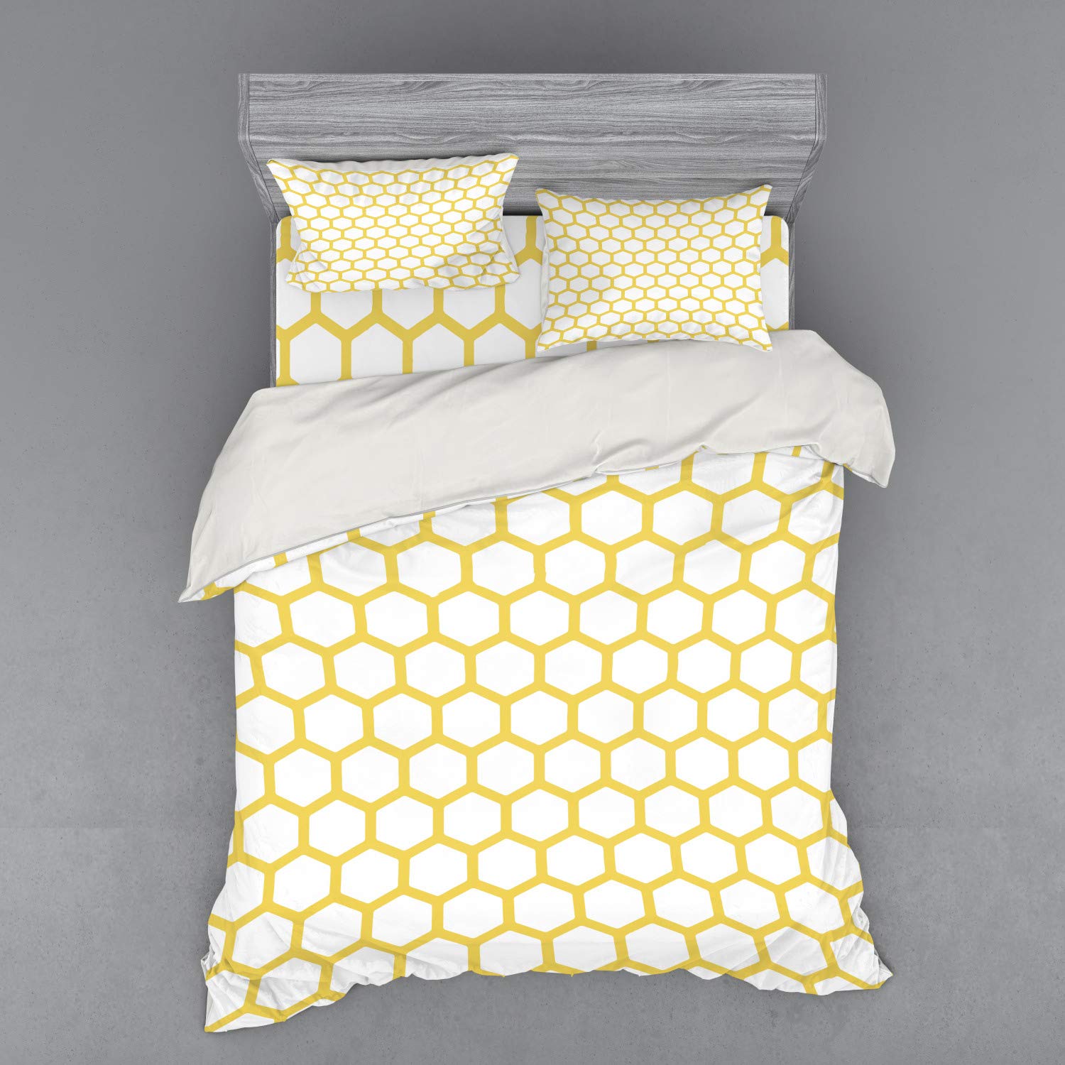 Ambesonne Yellow and White 4-Piece Queen Bedding Set - Hexagonal Honeycomb Beehive Geometric Duvet Cover with Shams & Fitted Sheet | Modern Monochrome Home Decor for Bedroom, Guest Room or Dorm