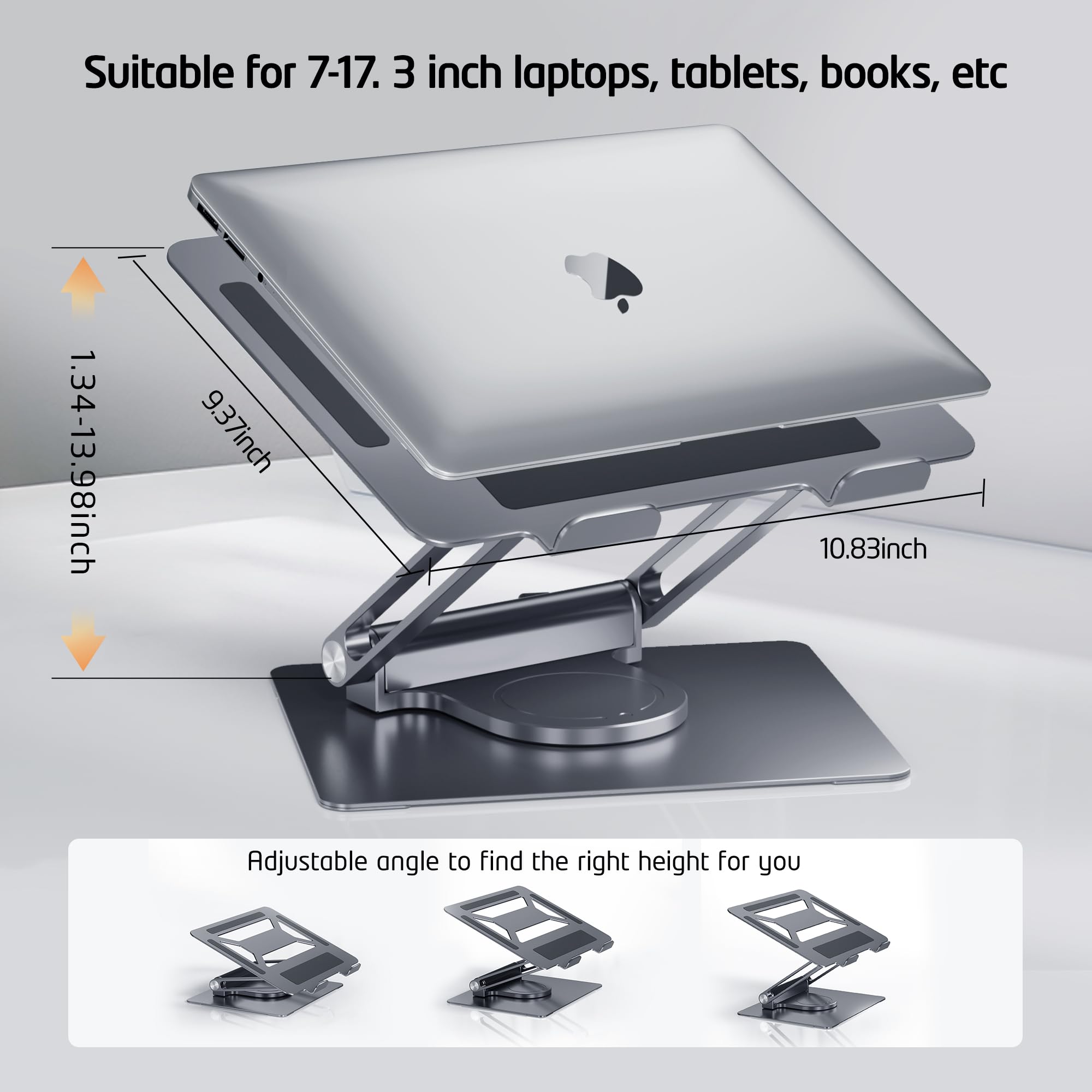 Adjustable Aluminum Laptop Stand with USB-C & USB-A Ports, 360° Rotating Base - Ergonomic Foldable Computer Riser for 7