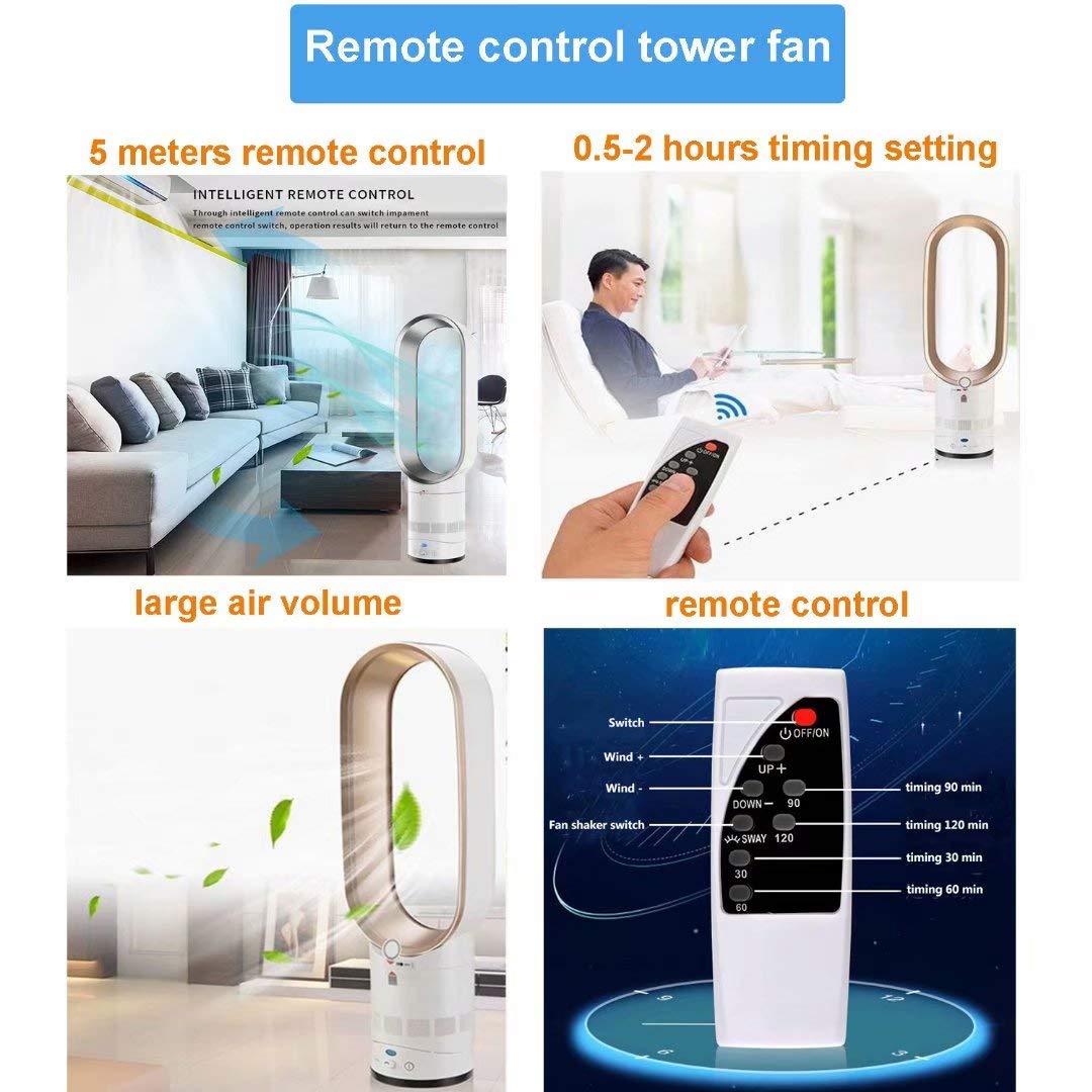 16 Inch Bladeless Tower Fan with Remote Control - Ultra Quiet, Energy Efficient Air Circulator for Home, Office & Bedroom - 90° Oscillation, Easy to Use (Gold) | Perfect for Cooling, Air Purification & Summer Comfort