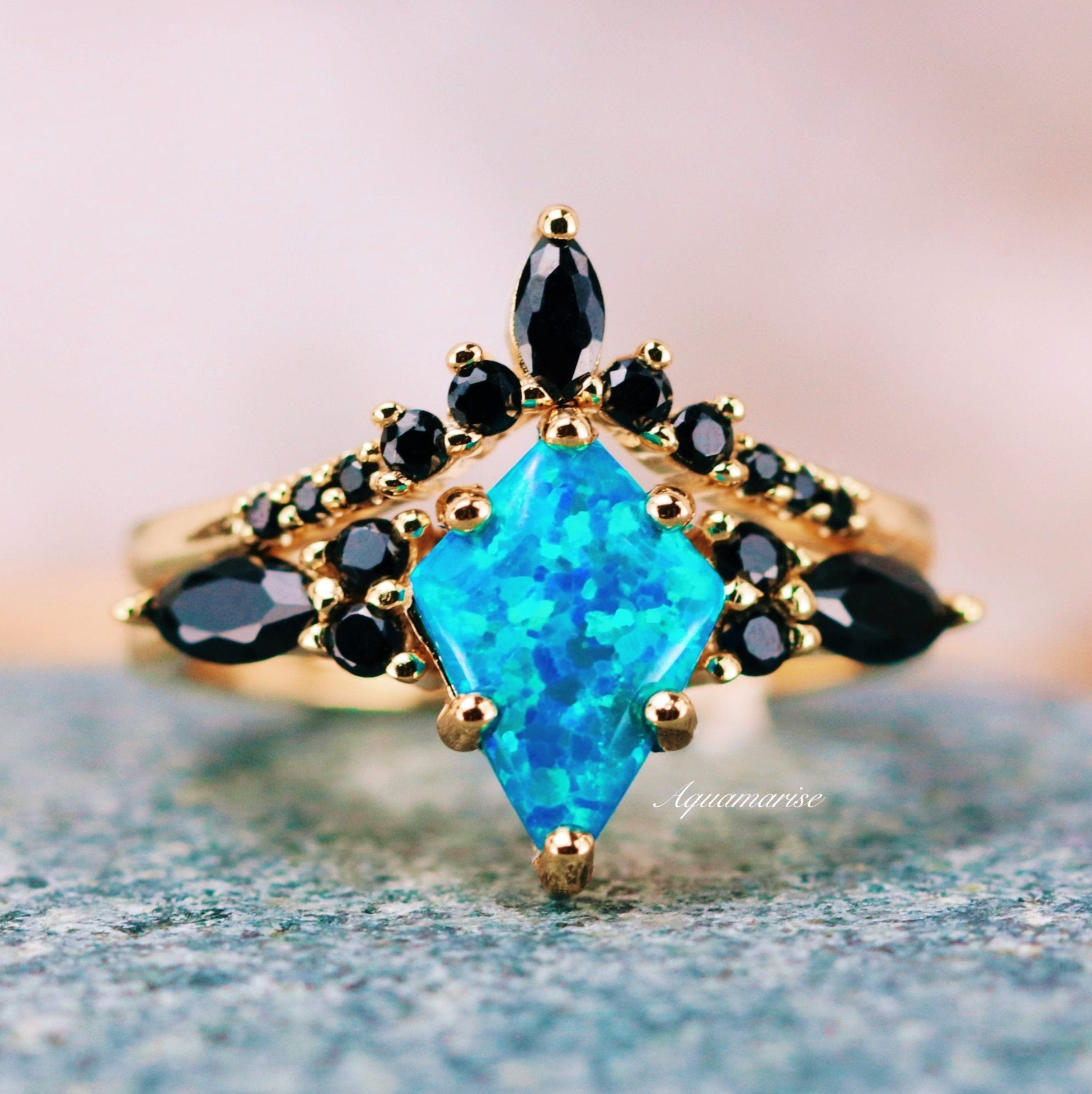Skye Kite™ Blue Fire Opal & Black Onyx 14K Yellow Gold Vermeil Ring Set - Elegant Jewelry Gift for Women, Perfect for Weddings, Anniversaries and Special Occasions