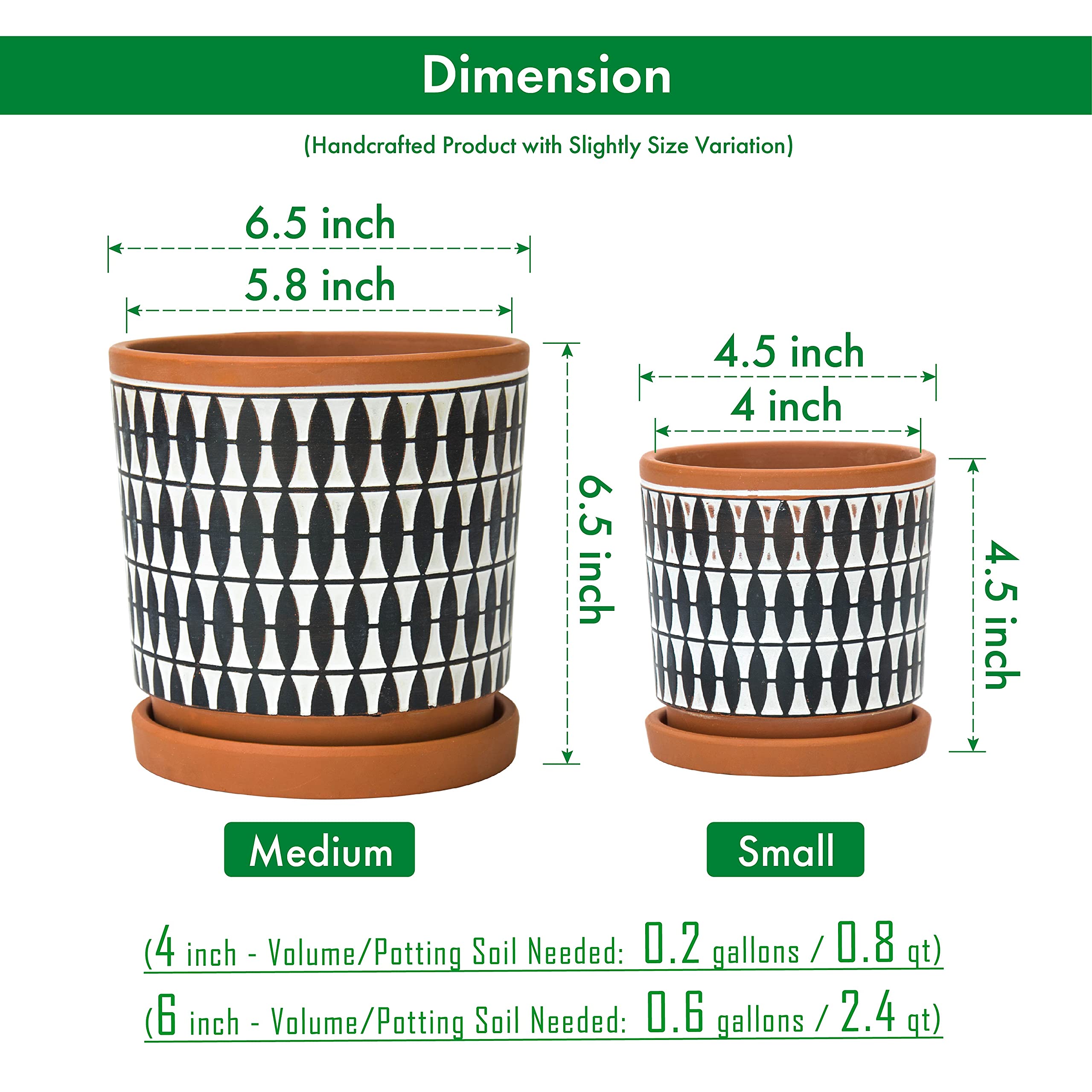 D'vine Dev Set of 2 Terracotta Plant Pots - 4 Inch & 6 Inch with Drainage Holes & Saucers - Pottery Red/Black (31-958-B-2) - Perfect for Indoor Plants, Succulents & Home Decor