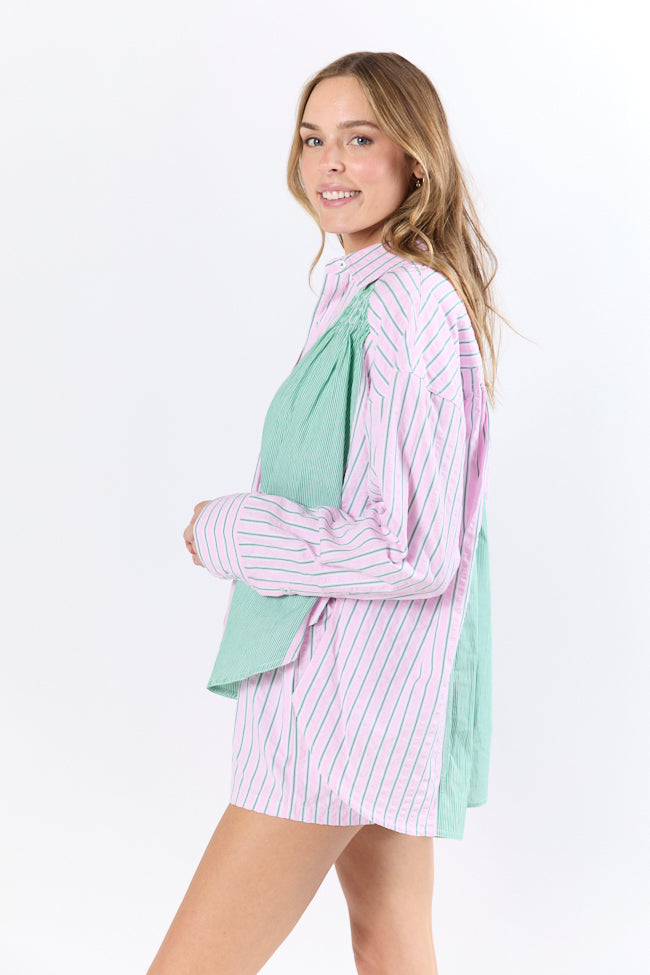 Stylish Light Pink & Green Multi-Stripe Button Down Shirt for Women | Casual & Office Wear | Summer Beach Outfits & Vacation Essentials
