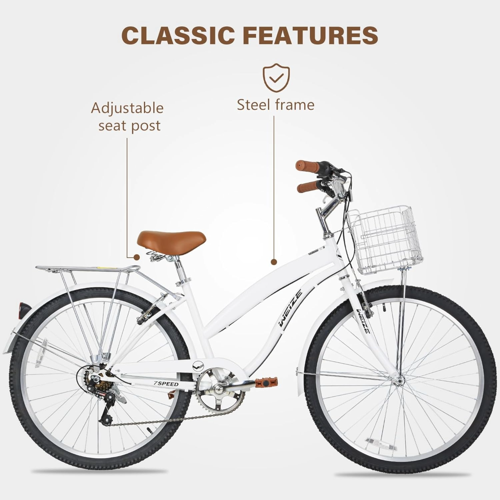 WEIZE 26 Inch White Beach Cruiser Bike for Adults - 7 Speed Commuter Bicycle with Comfortable Seat & Retro Style - Perfect for Beach Rides, City Commuting & Leisure Cycling