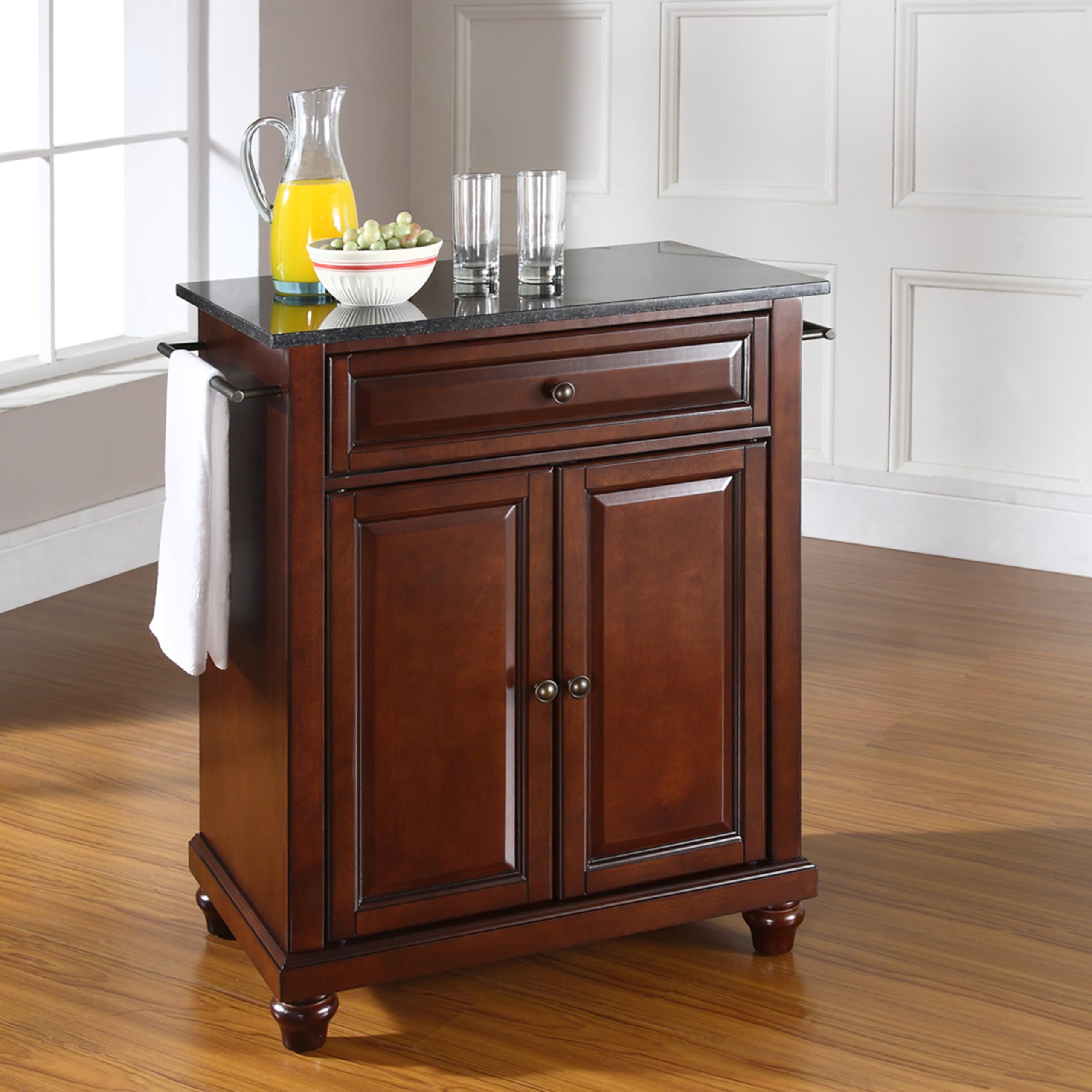 Crosley Cambridge Granite Top Portable Kitchen Island Cart with Wheels - Microwave Stand, Storage Cabinet, Mahogany Finish for Small Spaces - Perfect for Apartments, Dorms & Compact Kitchens