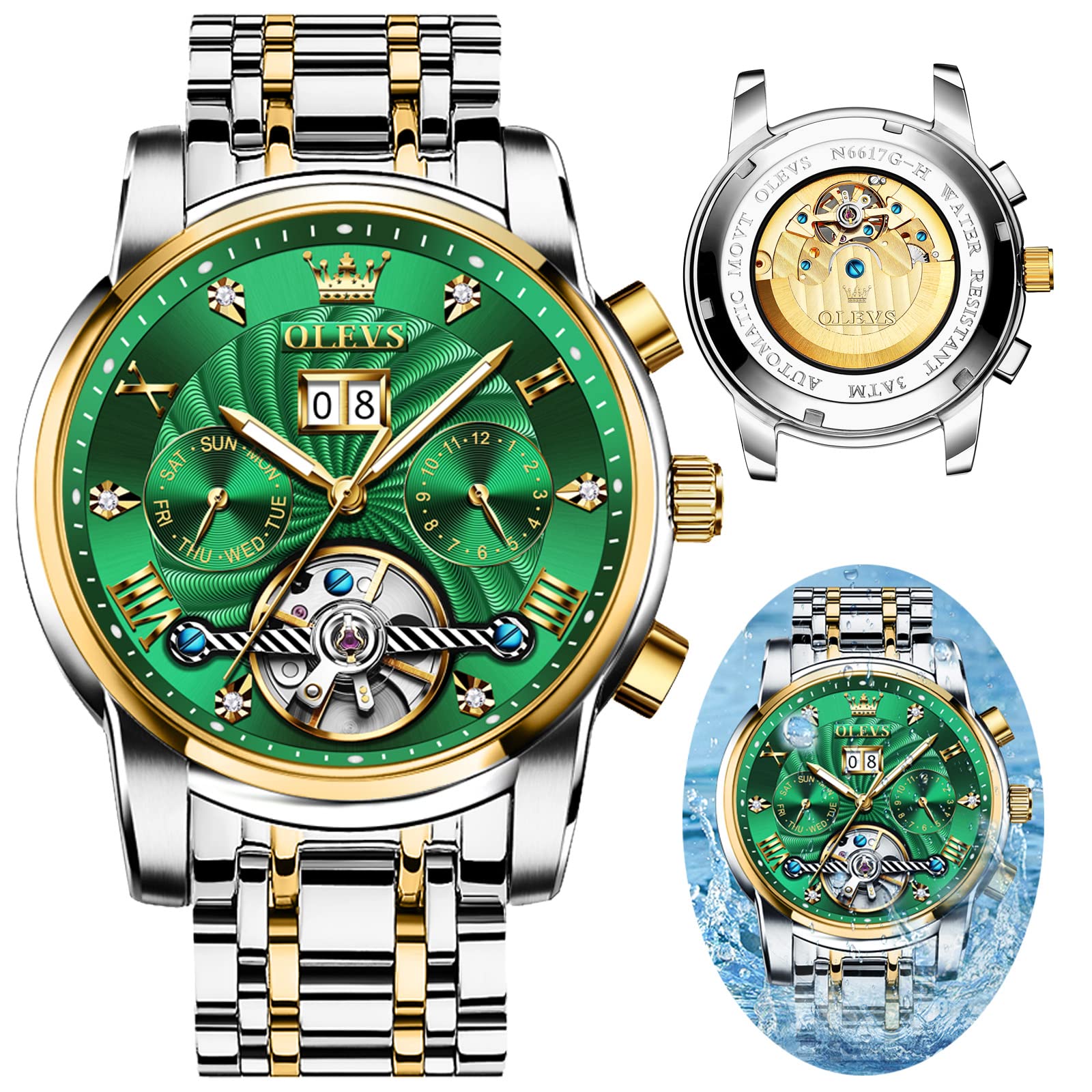 OLEVS Automatic Mechanical Tourbillon Men's Watch - Self-Winding Skeleton Stainless Steel Waterproof Luminous Date Wristwatch for Business, Casual & Formal Occasions