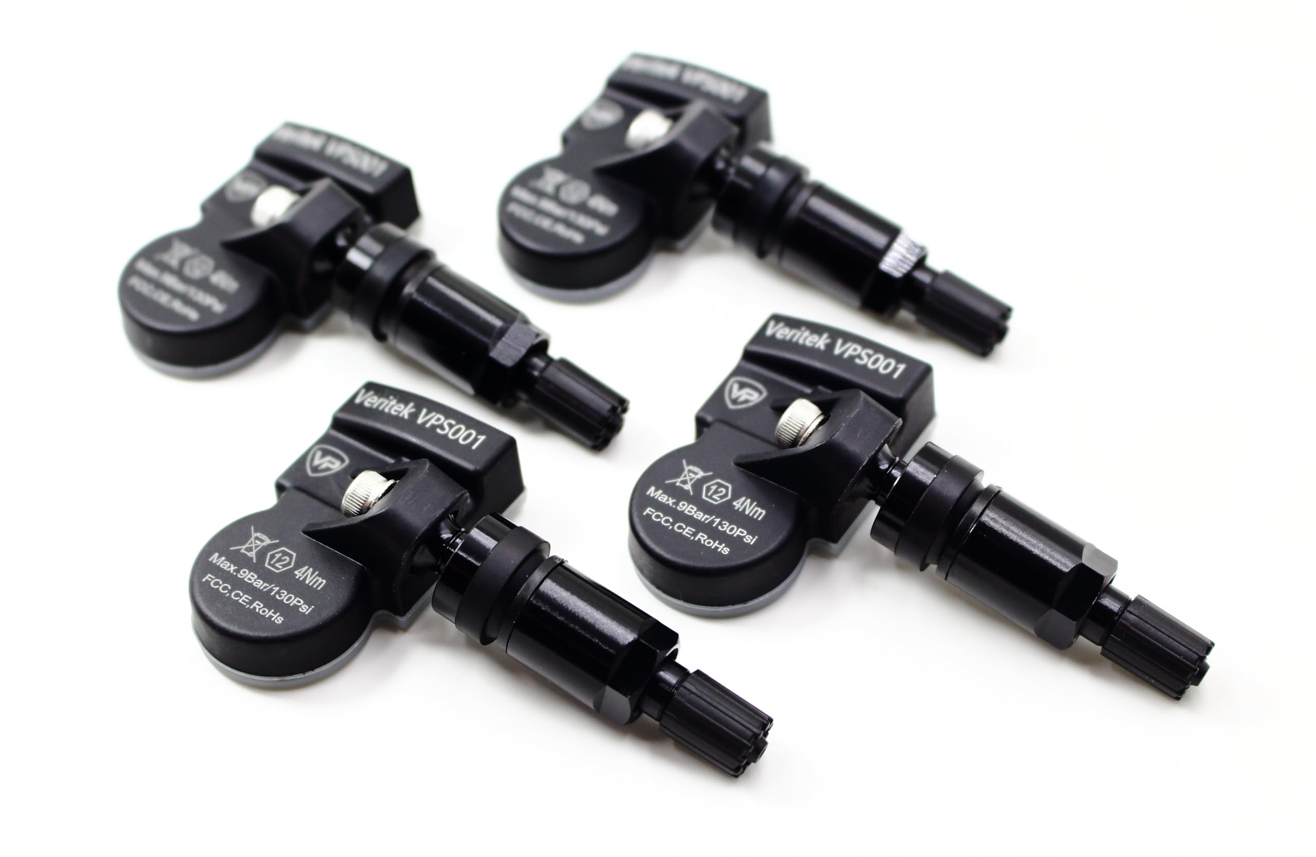 4 Pack Veritek VPS001 433MHz TPMS Sensors for Chrysler Dodge Jeep - Replaces 68313387AB 68313387AA 68252493AB - Black Aluminum Valve Stems - Perfect for Tire Pressure Monitoring & Vehicle Maintenance