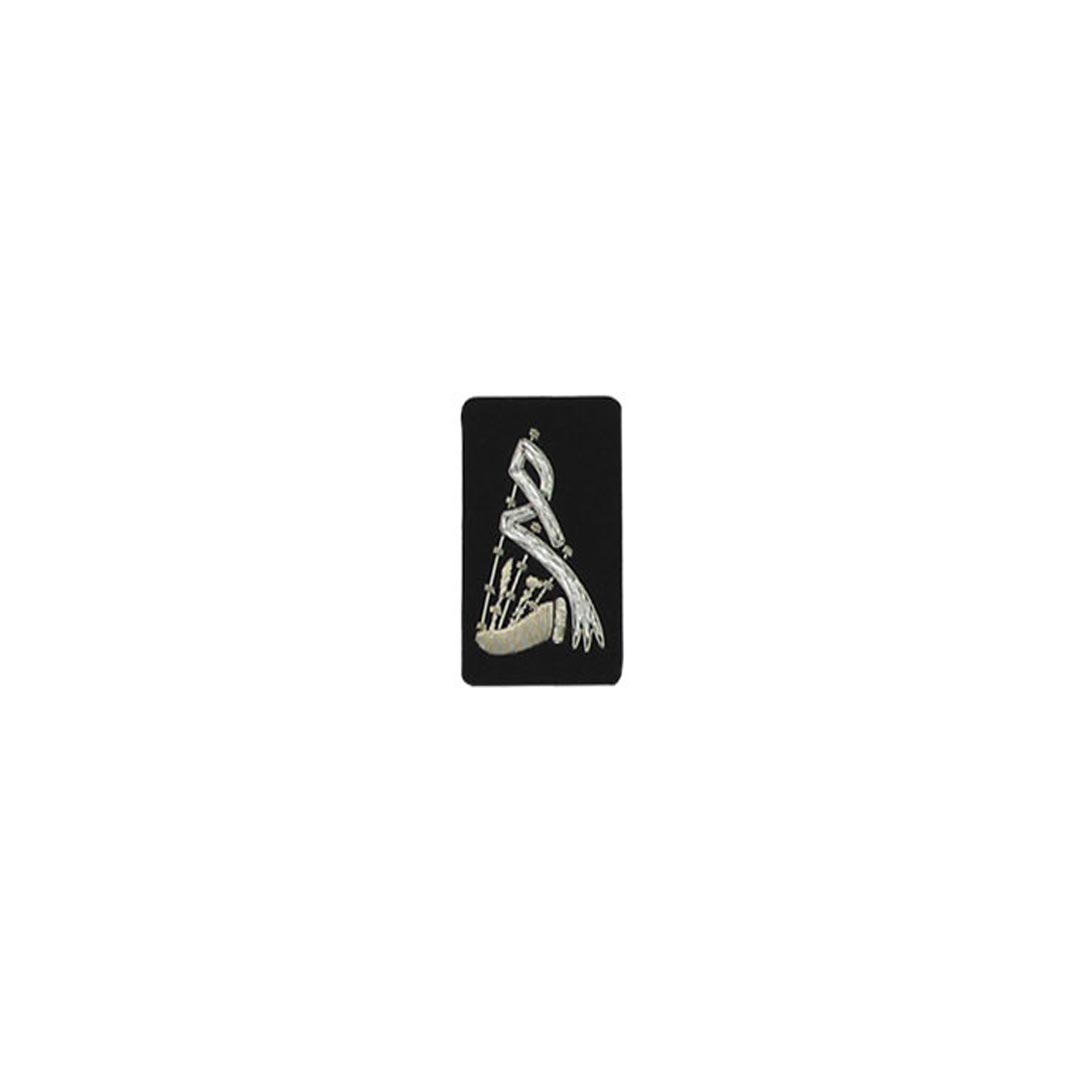Premium Silver Bullion Bagpipe Badge on Black Background - Perfect for Scottish Heritage Events, Pipe Band Uniforms & Celtic Music Performances