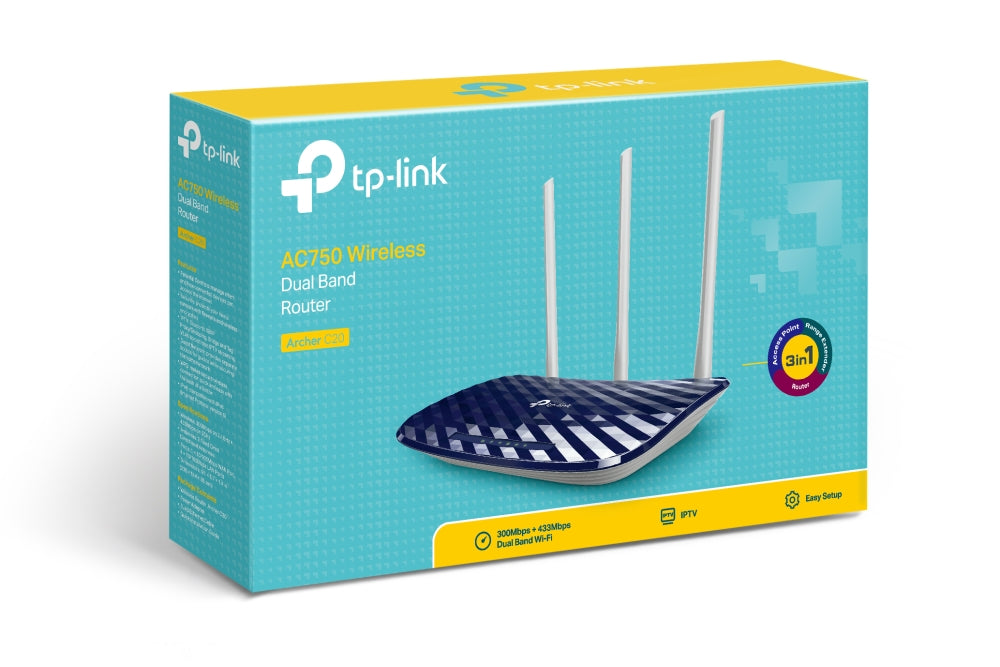 TP-Link AC750 Wireless Dual Band WiFi Router (Archer C20) - 750Mbps High Speed, 2.4GHz & 5GHz Bands, 3 External Antennas, Easy Setup - Ideal for Home & Small Office Internet Networking