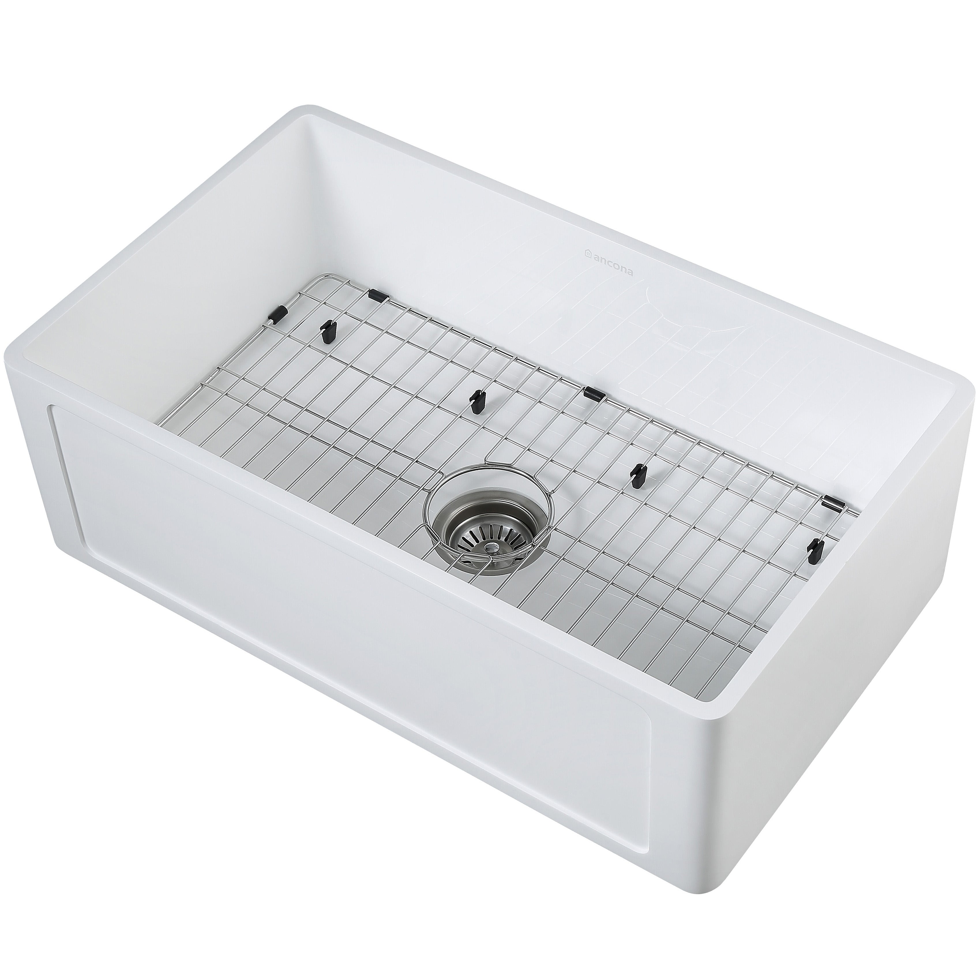 Holbrook Pure Stone Farmhouse 30-inch White Single Bowl Kitchen Sink with Grid & Strainer - Perfect for Modern Farmhouse, Rustic & Contemporary Kitchen Designs