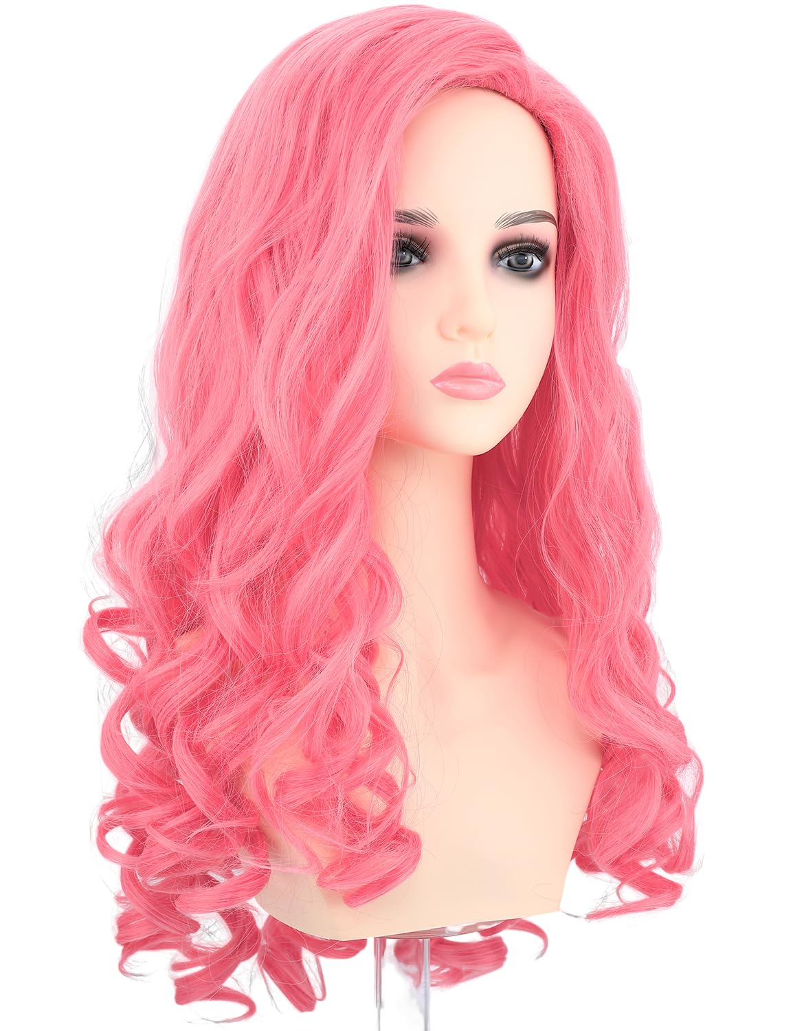 Morvally Long Pink Wavy Wig for Women - Rose Pink Synthetic Hair Wig for Adults - Perfect for Halloween Costume, Cosplay, Parties & Themed Events