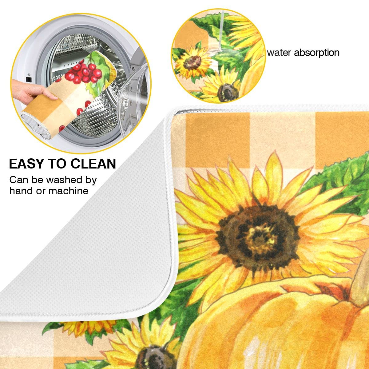 Sunflower Autumn Pumpkin Microfiber Dish Drying Mat - Absorbent Kitchen Counter Protector, 16x18 Inch, Perfect for Countertops, Sink Areas, and Dish Racks